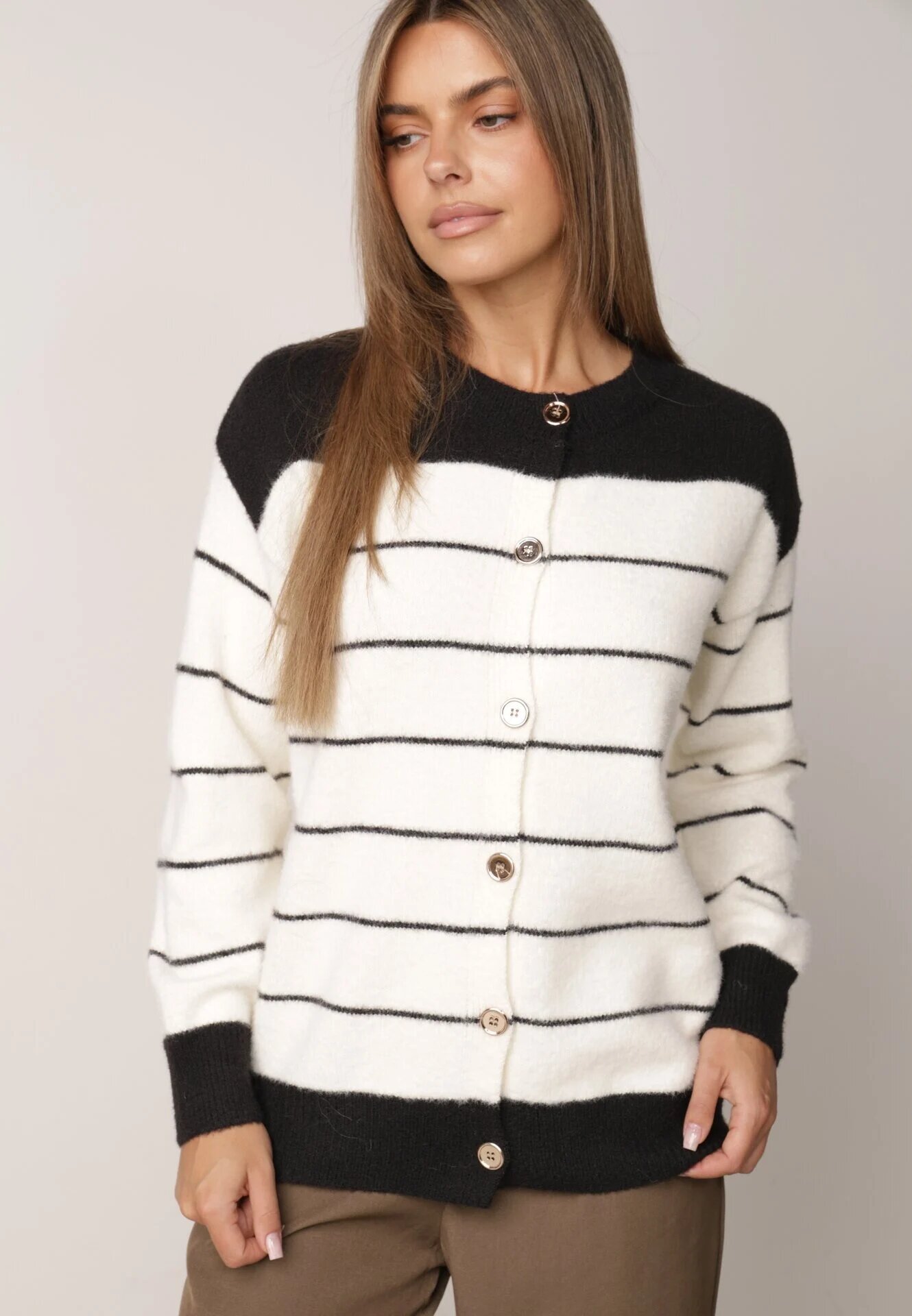 j&x Cardigan cu lână și bumbac cu nasturi în dungi Jord Negru cu crem