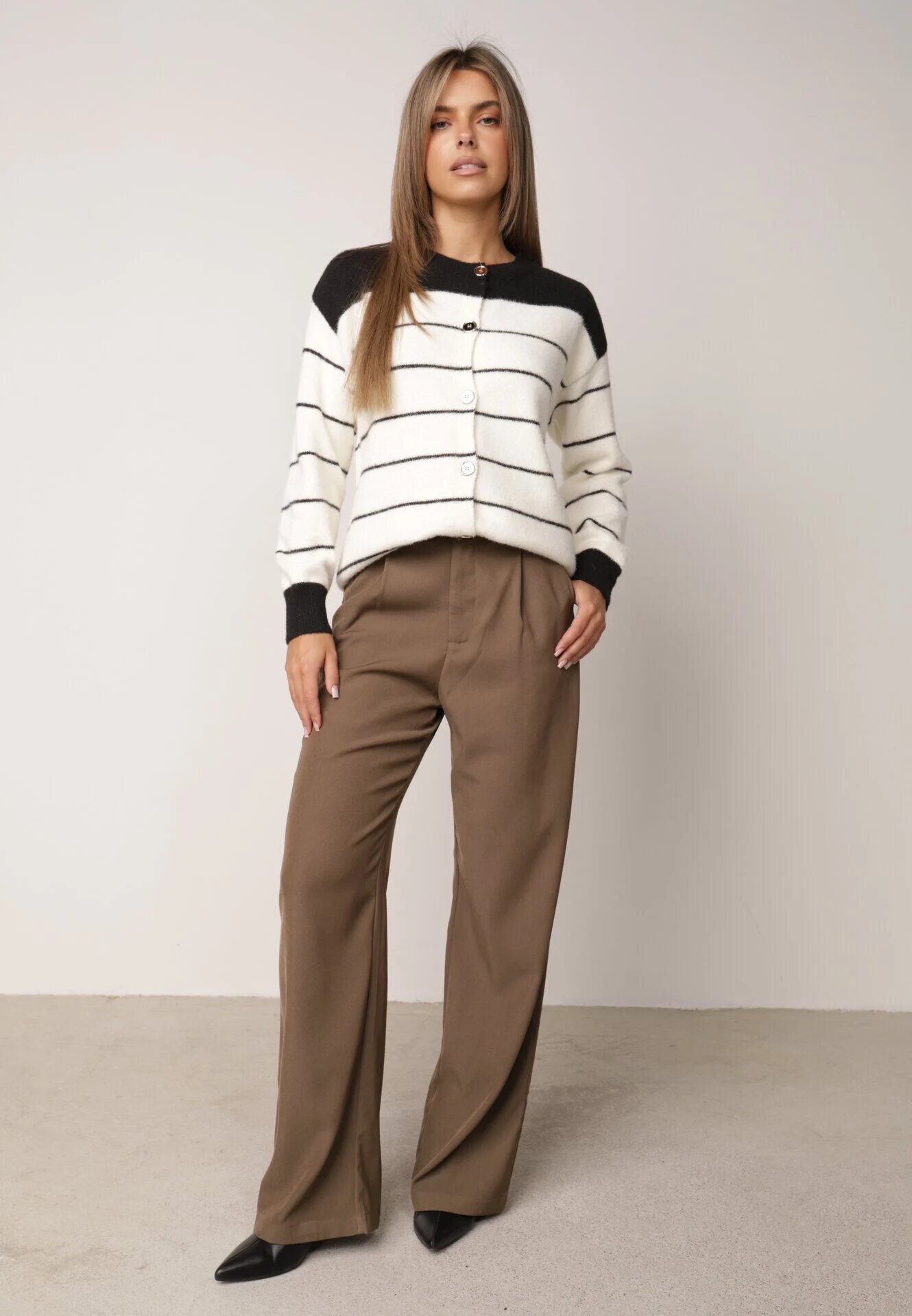j&x Cardigan cu lână și bumbac cu nasturi în dungi Jord Negru cu crem