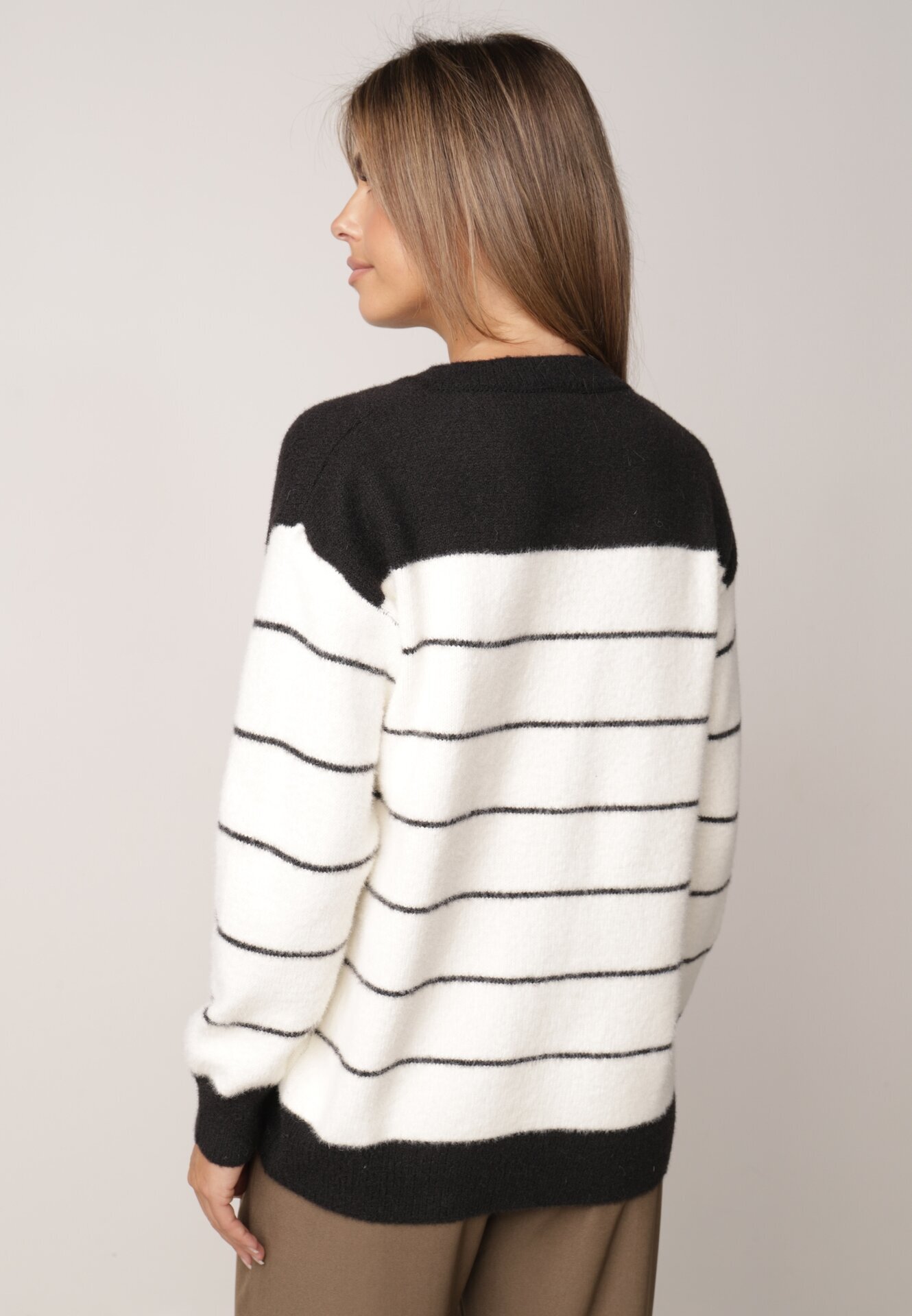 j&x Cardigan cu lână și bumbac cu nasturi în dungi Jord Negru cu crem