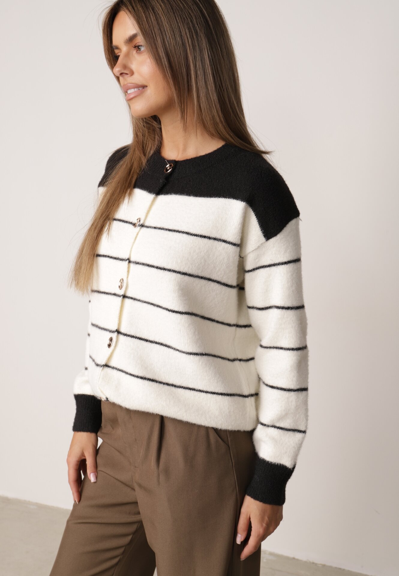 j&x Cardigan cu lână și bumbac cu nasturi în dungi Jord Negru cu crem