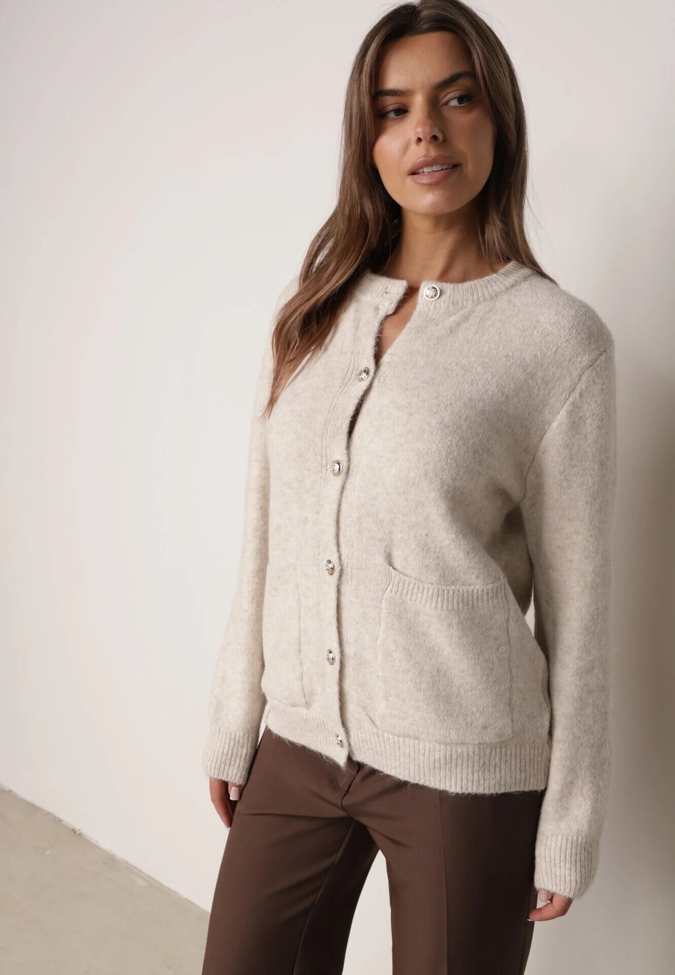 j&x Cardigan cu lână și bumbac cu nasturi și buzunare elegante Orlandia Bej deschis