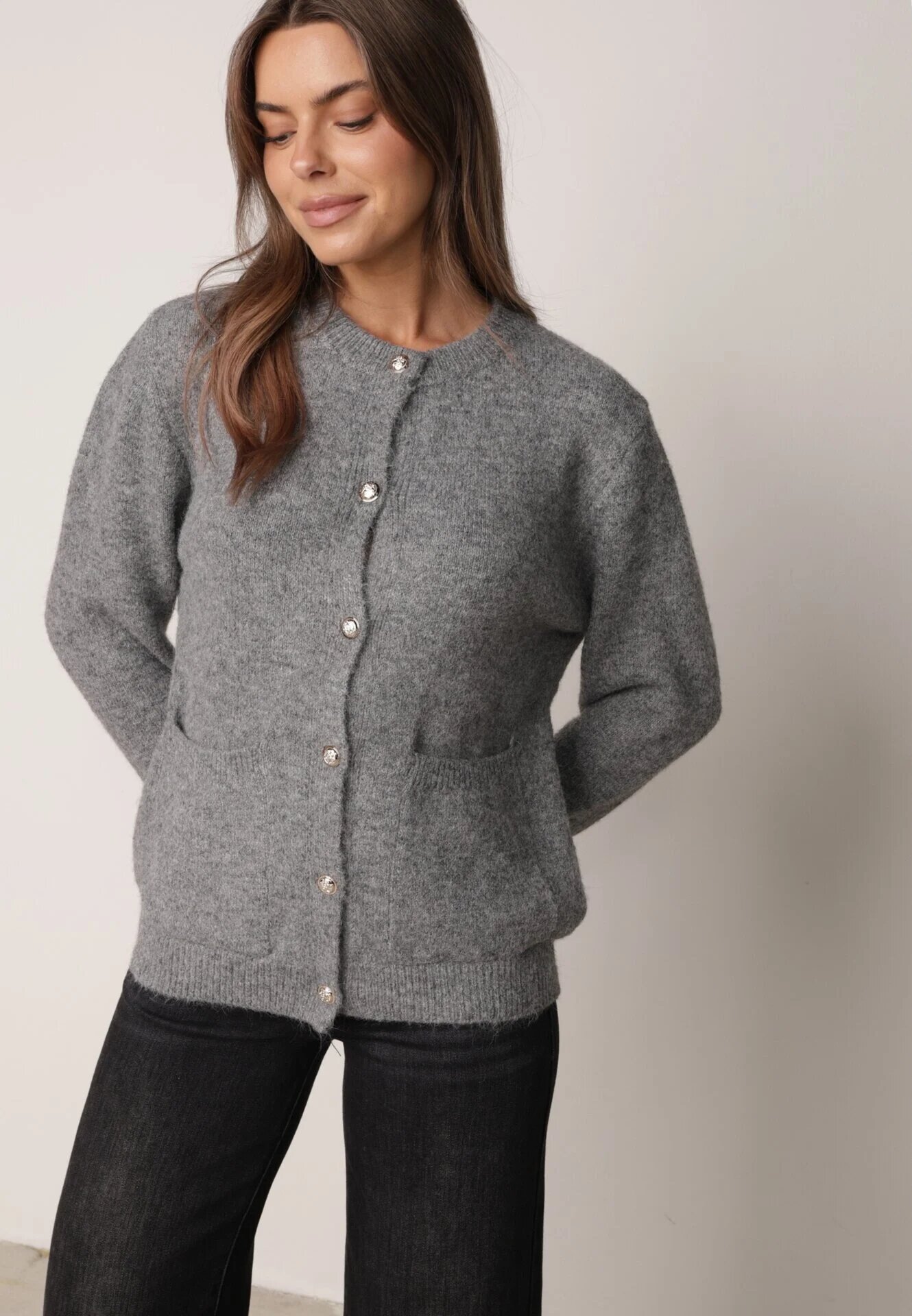 j&x Cardigan cu lână și bumbac cu nasturi și buzunare elegante Orlandia Gri