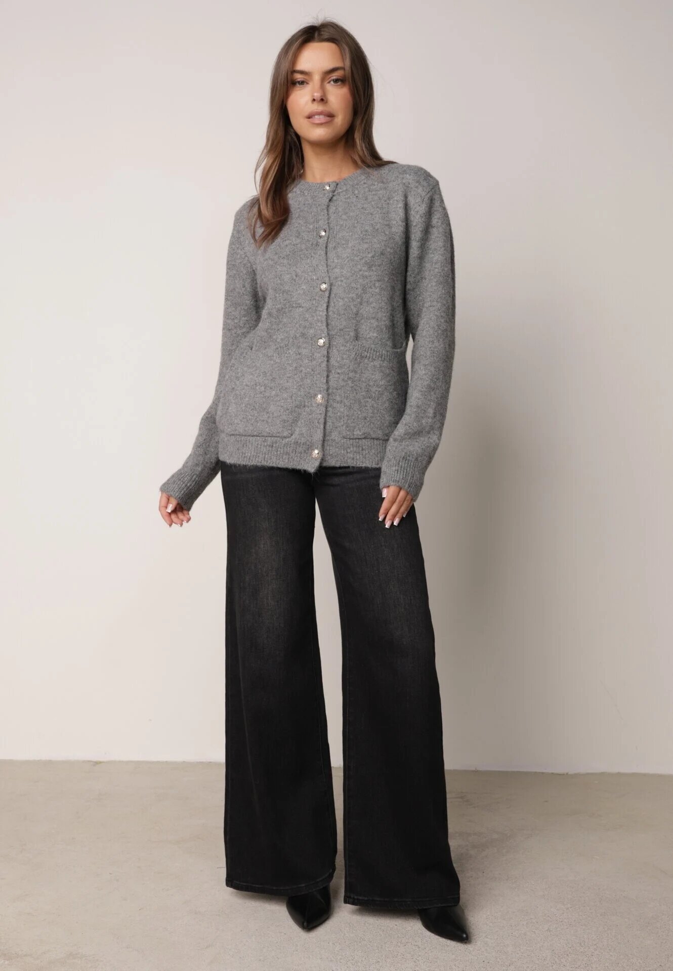 j&x Cardigan cu lână și bumbac cu nasturi și buzunare elegante Orlandia Gri