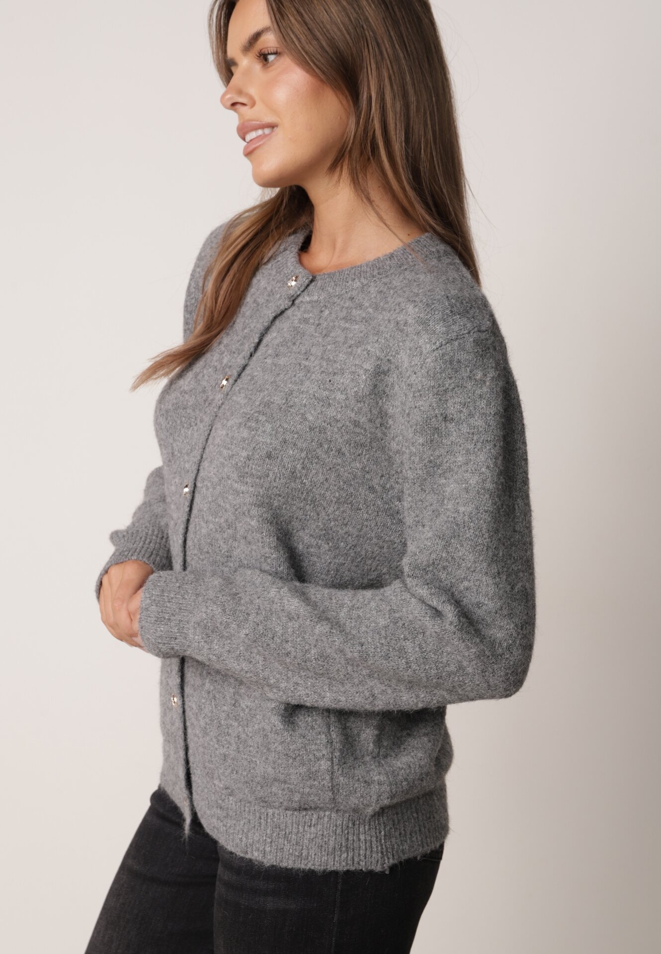 j&x Cardigan cu lână și bumbac cu nasturi și buzunare elegante Orlandia Gri