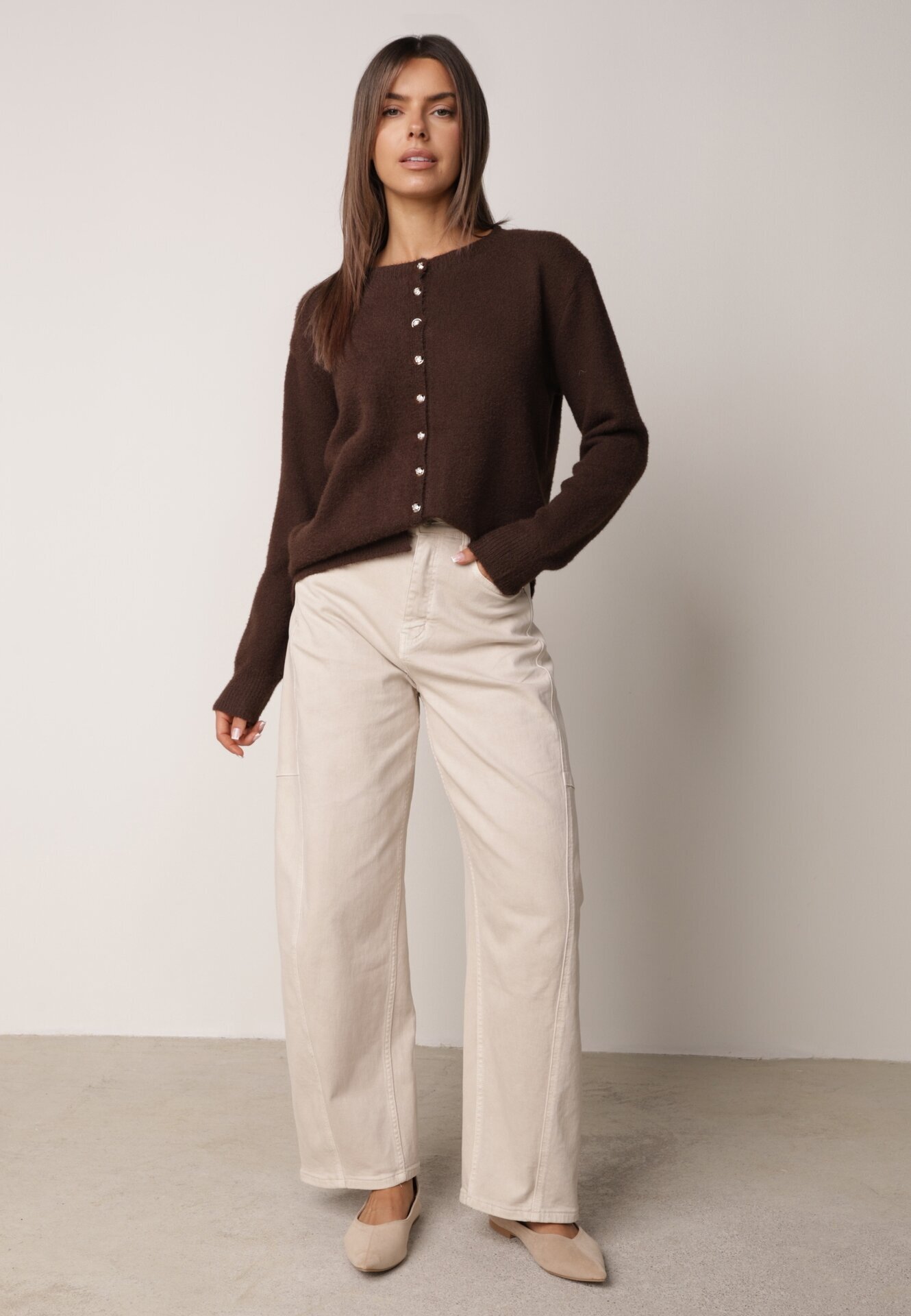 j&x Cardigan cu lână și bumbac cu nasturi Sonah Bej Bej Maro