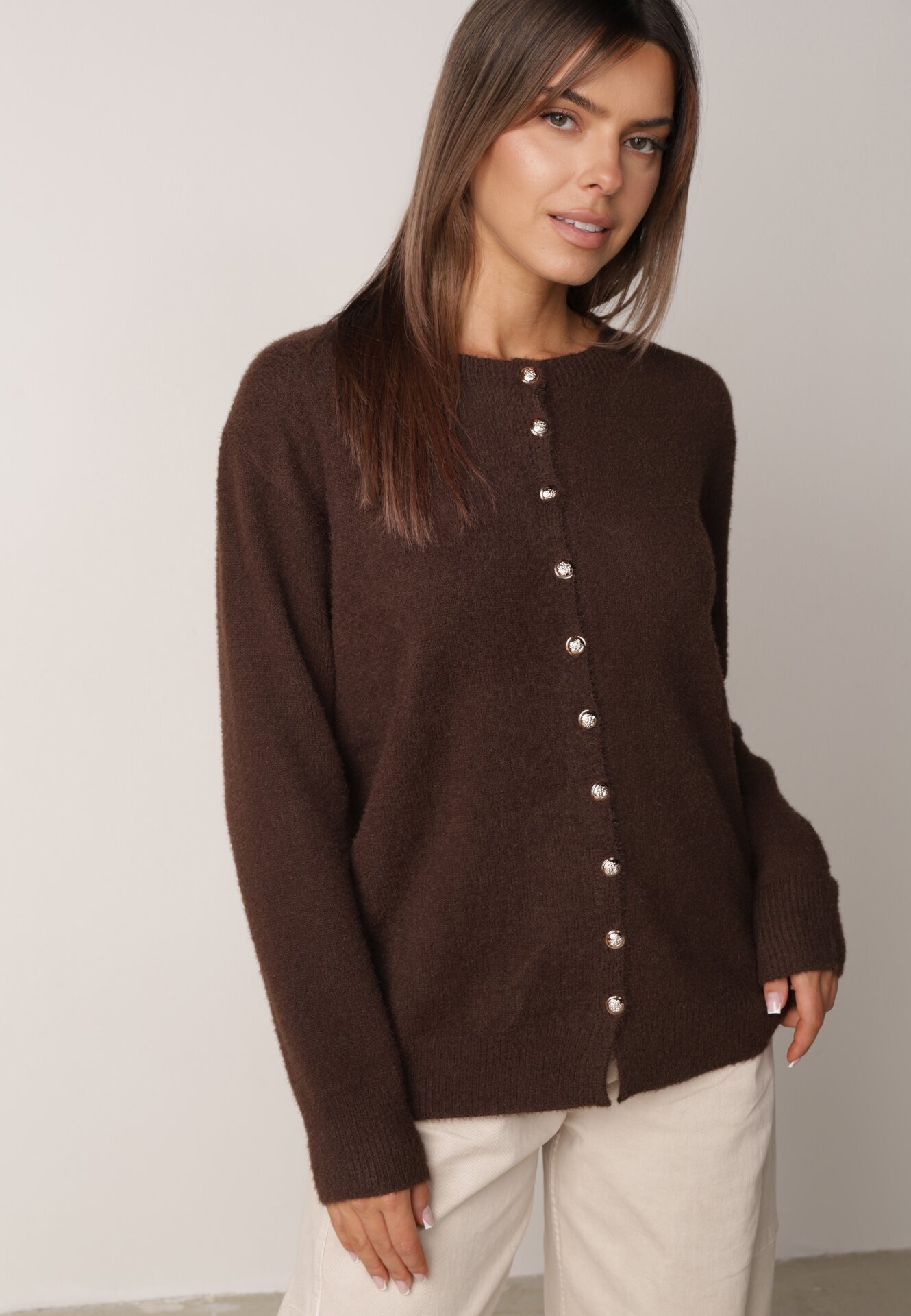j&x Cardigan cu lână și bumbac cu nasturi Sonah Bej Bej Maro