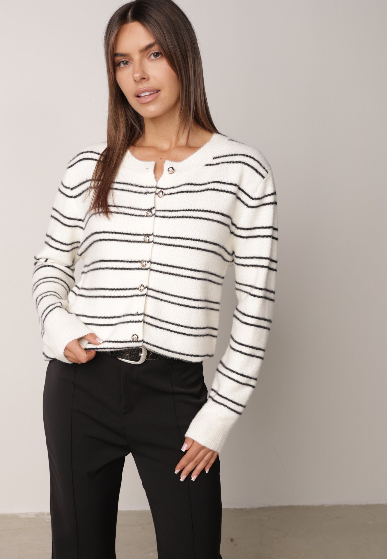 j&x Cardigan cu lână și bumbac în dungi orizontale cu nasturi Morgansa Bej deschis