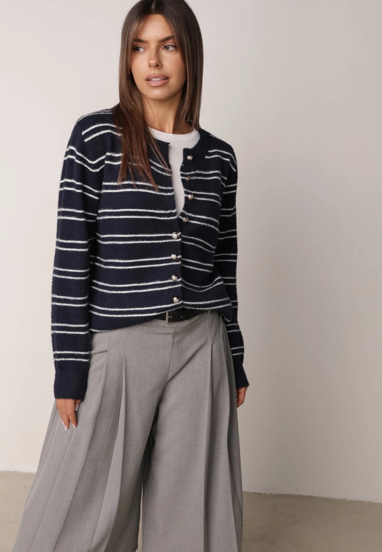 j&x Cardigan cu lână și bumbac în dungi orizontale cu nasturi Morgansa Bleumarin