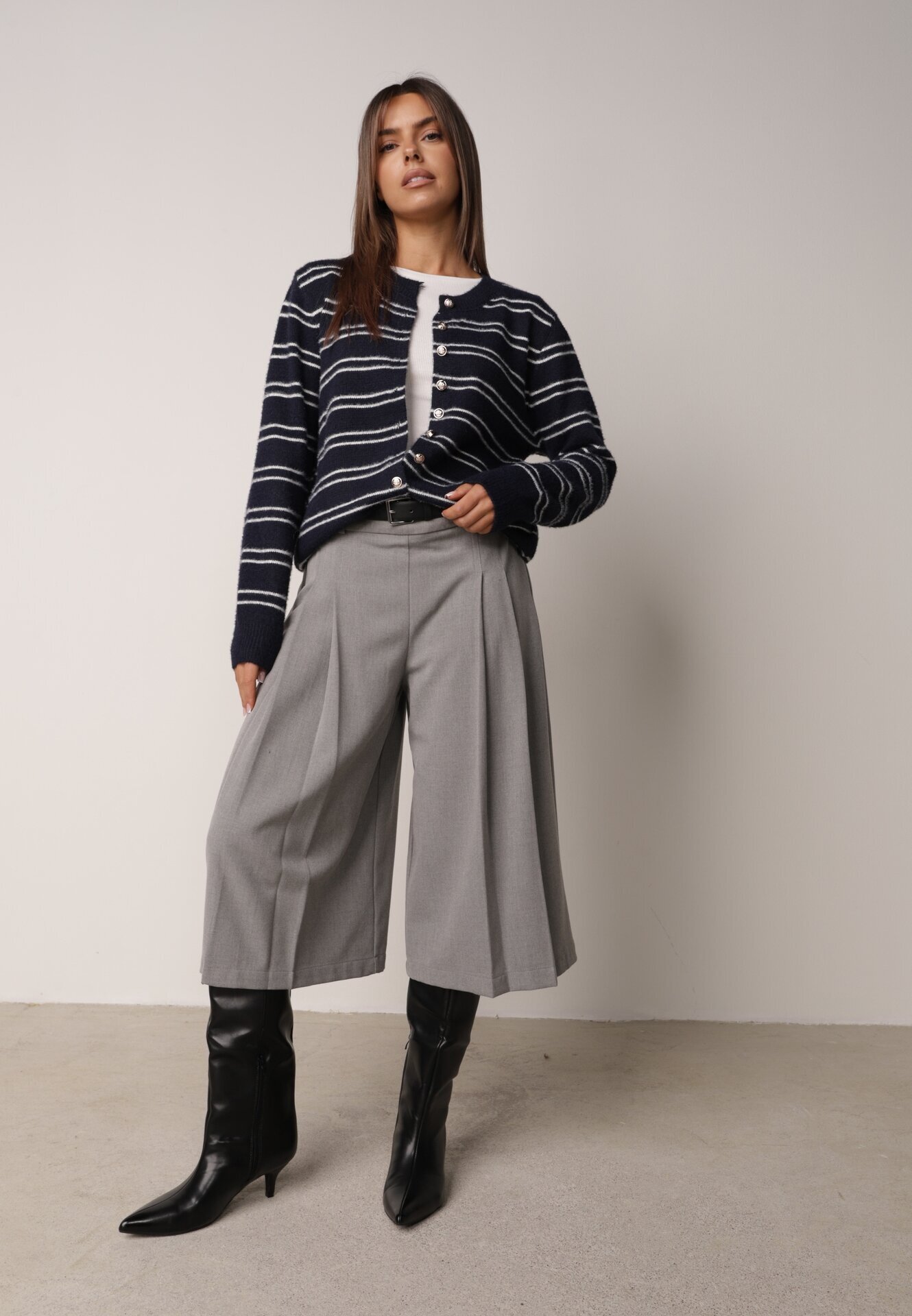 j&x Cardigan cu lână și bumbac în dungi orizontale cu nasturi Morgansa Bleumarin