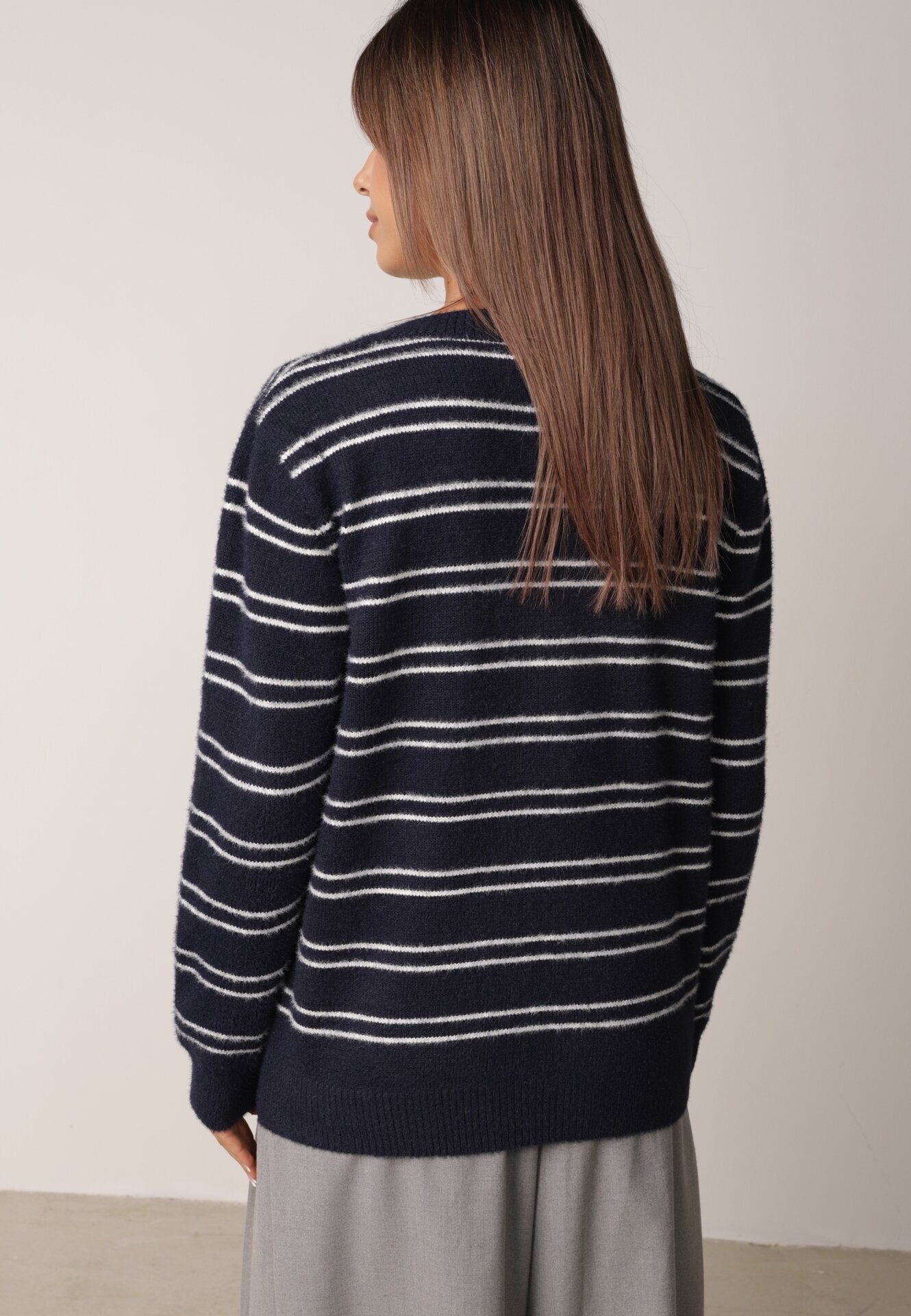 j&x Cardigan cu lână și bumbac în dungi orizontale cu nasturi Morgansa Bleumarin