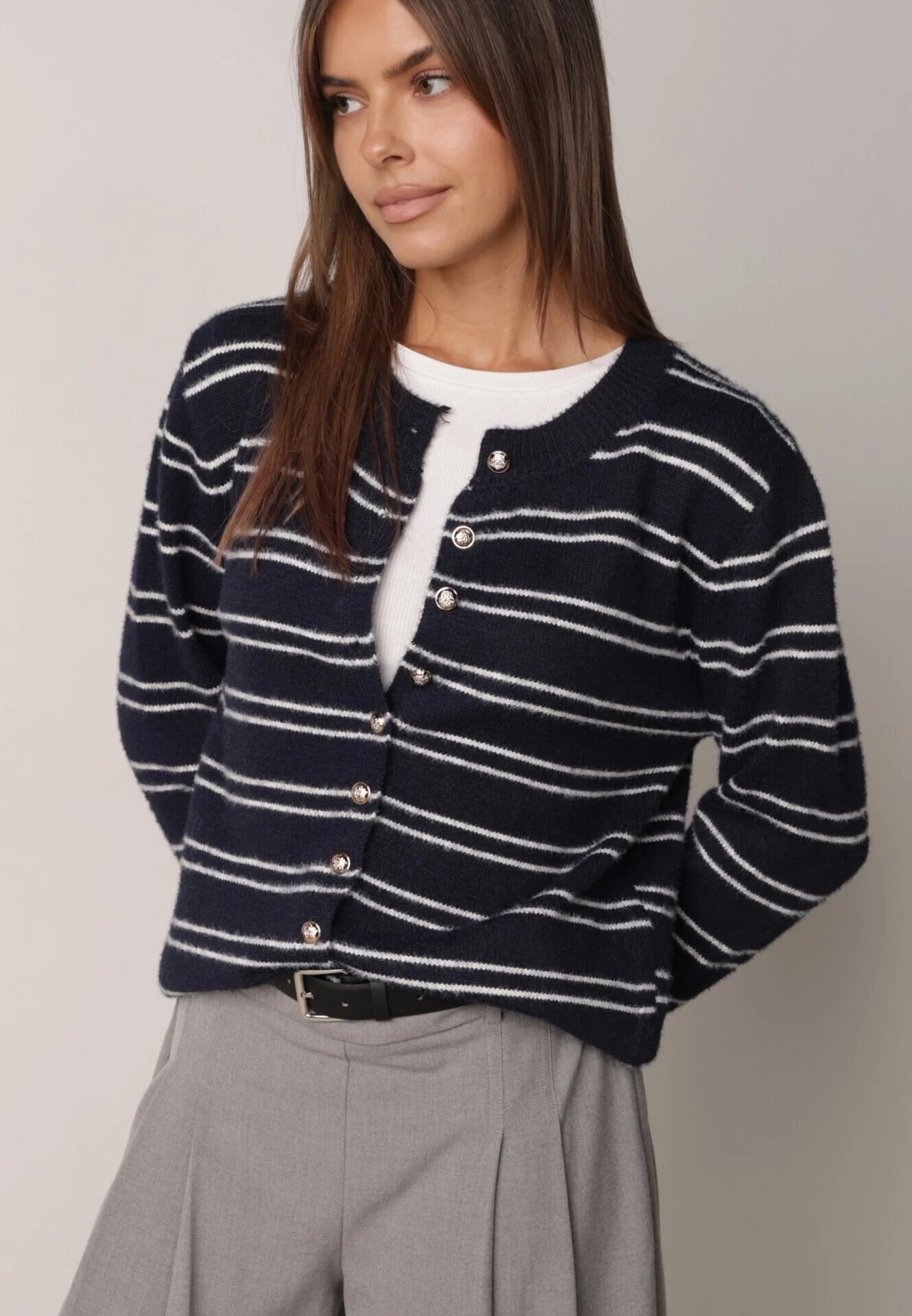 j&x Cardigan cu lână și bumbac în dungi orizontale cu nasturi Morgansa Bleumarin
