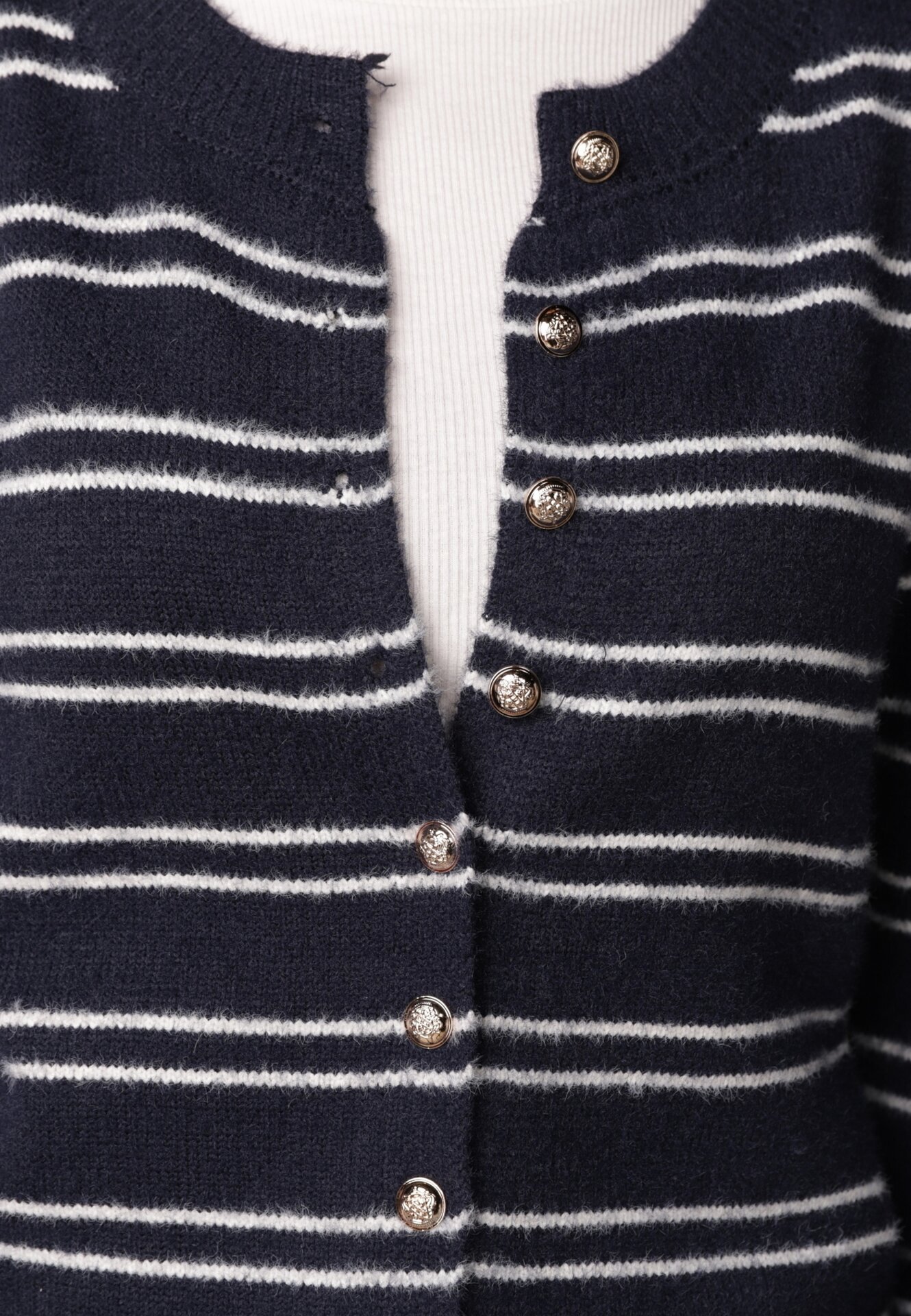 j&x Cardigan cu lână și bumbac în dungi orizontale cu nasturi Morgansa Bleumarin