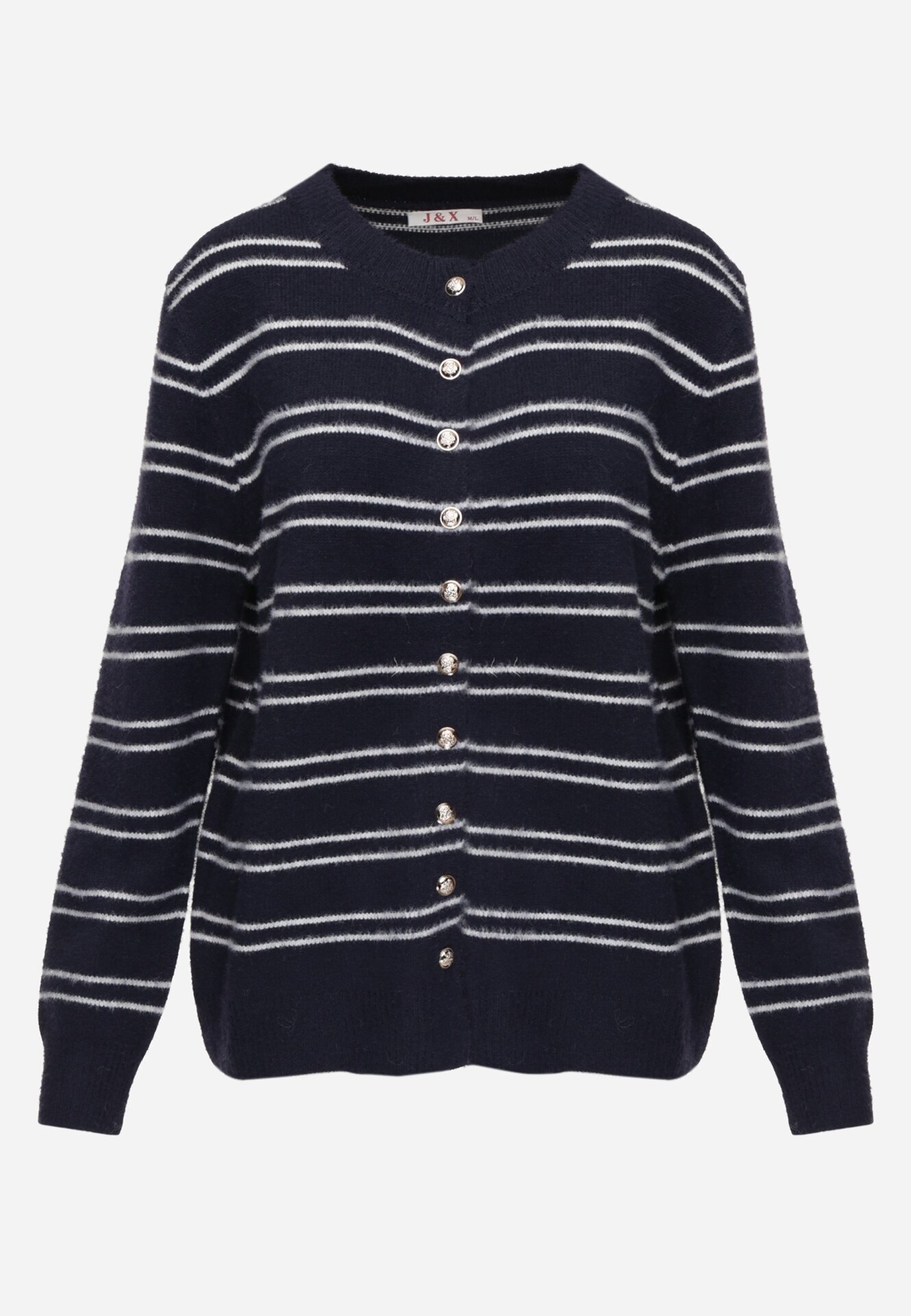 j&x Cardigan cu lână și bumbac în dungi orizontale cu nasturi Morgansa Bleumarin