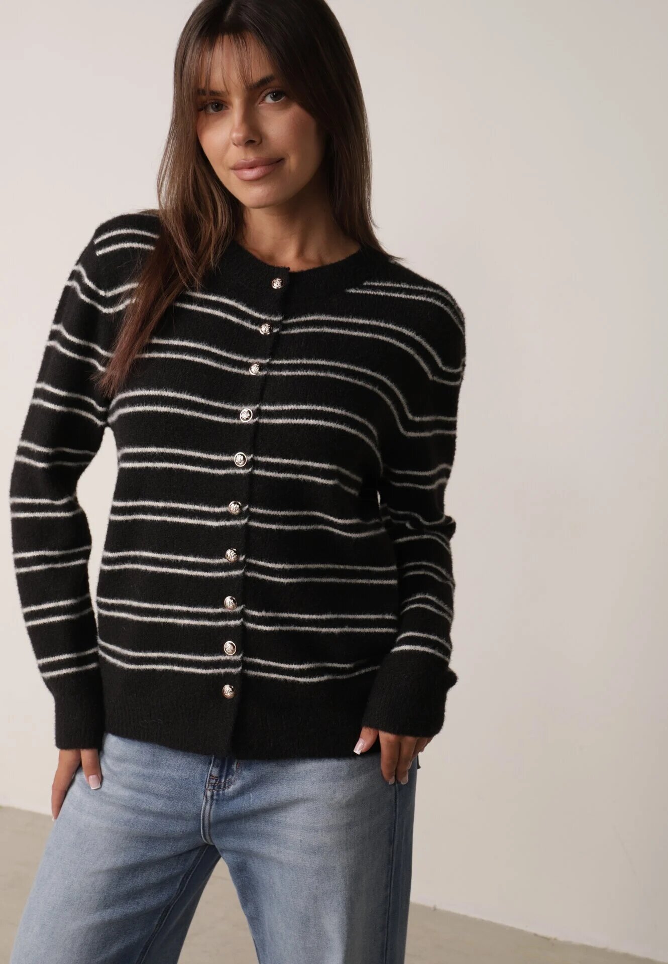 j&x Cardigan cu lână și bumbac în dungi orizontale cu nasturi Morgansa Negru