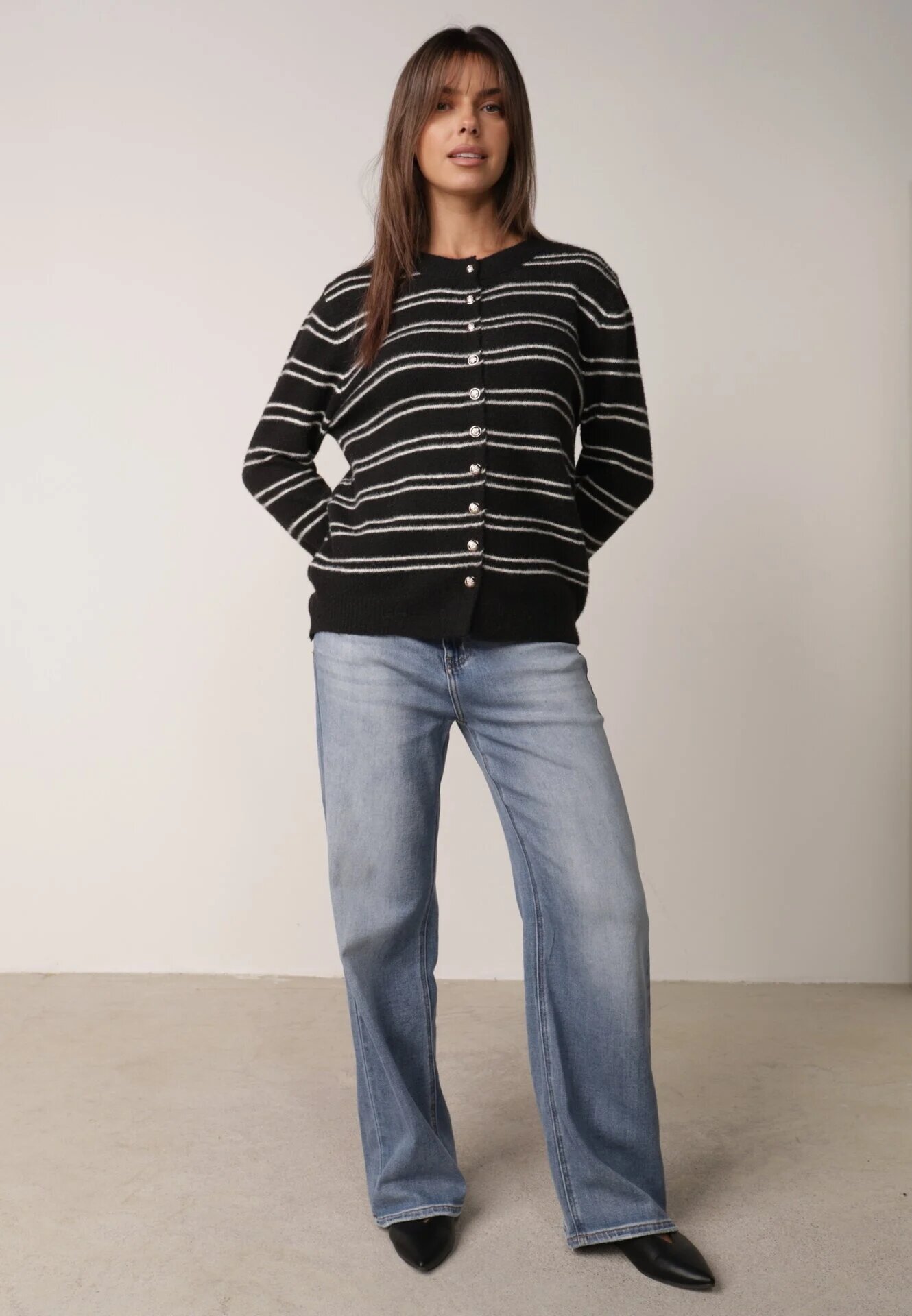 j&x Cardigan cu lână și bumbac în dungi orizontale cu nasturi Morgansa Negru