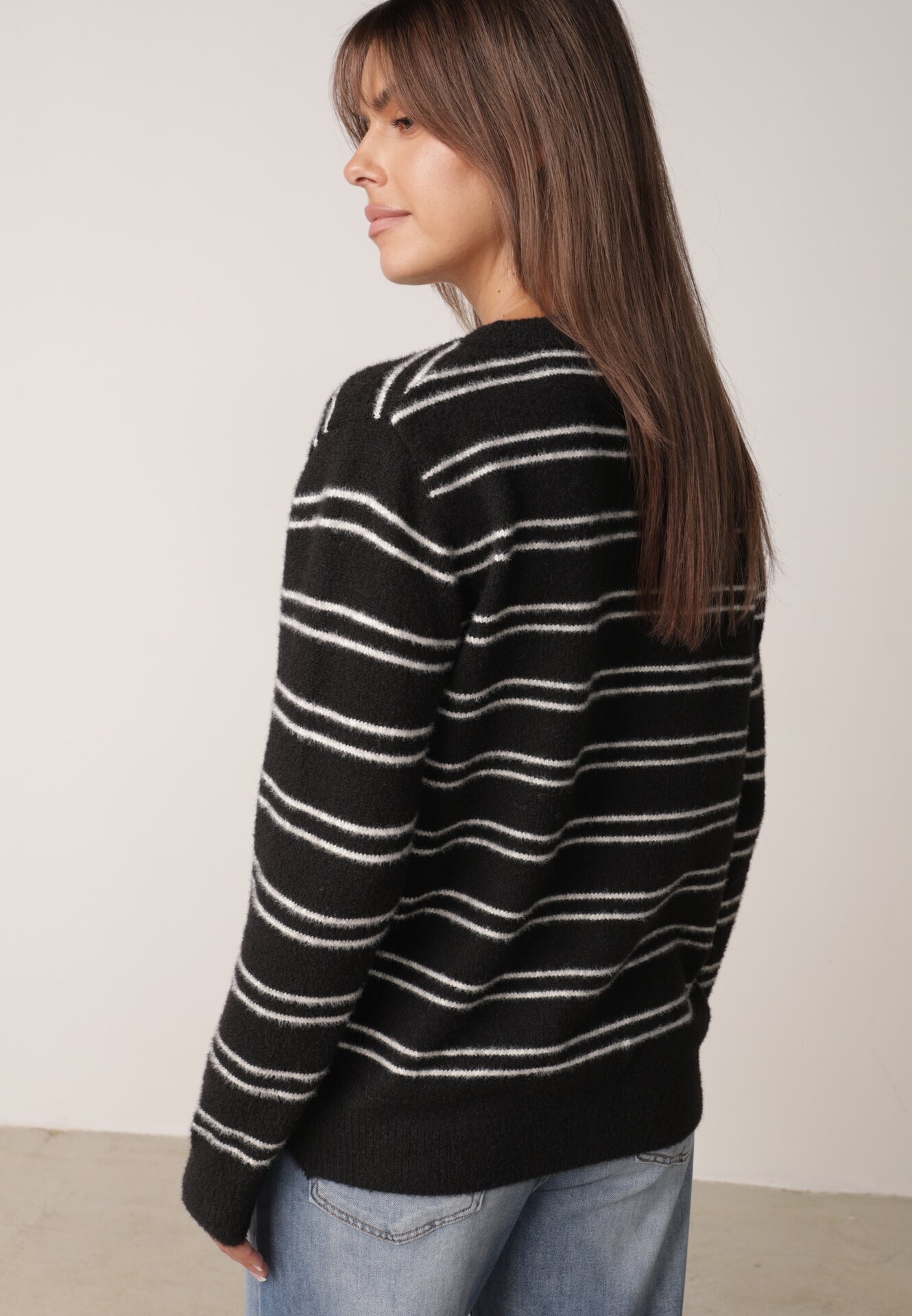 j&x Cardigan cu lână și bumbac în dungi orizontale cu nasturi Morgansa Negru