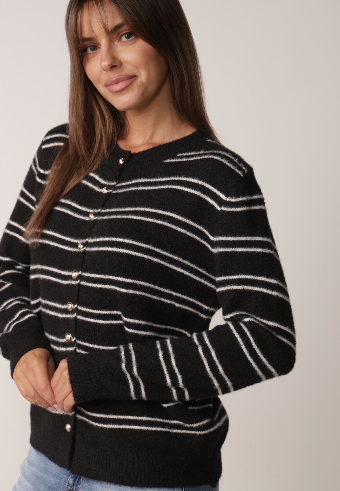 j&x Cardigan cu lână și bumbac în dungi orizontale cu nasturi Morgansa Negru