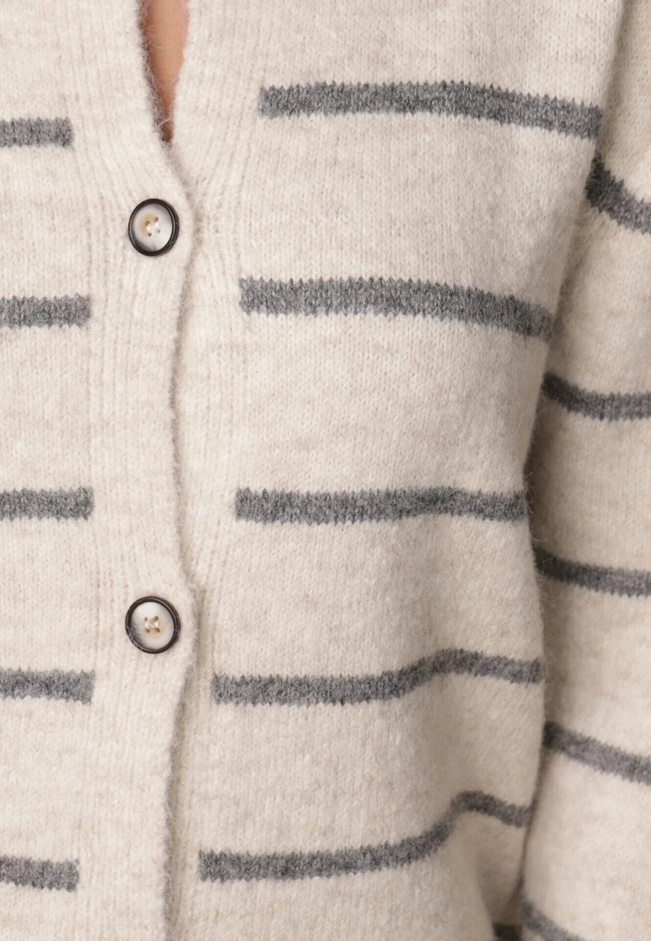 j&x Cardigan descheiat cu lână merinos și bumbac în dungi Kookti Bej deschis