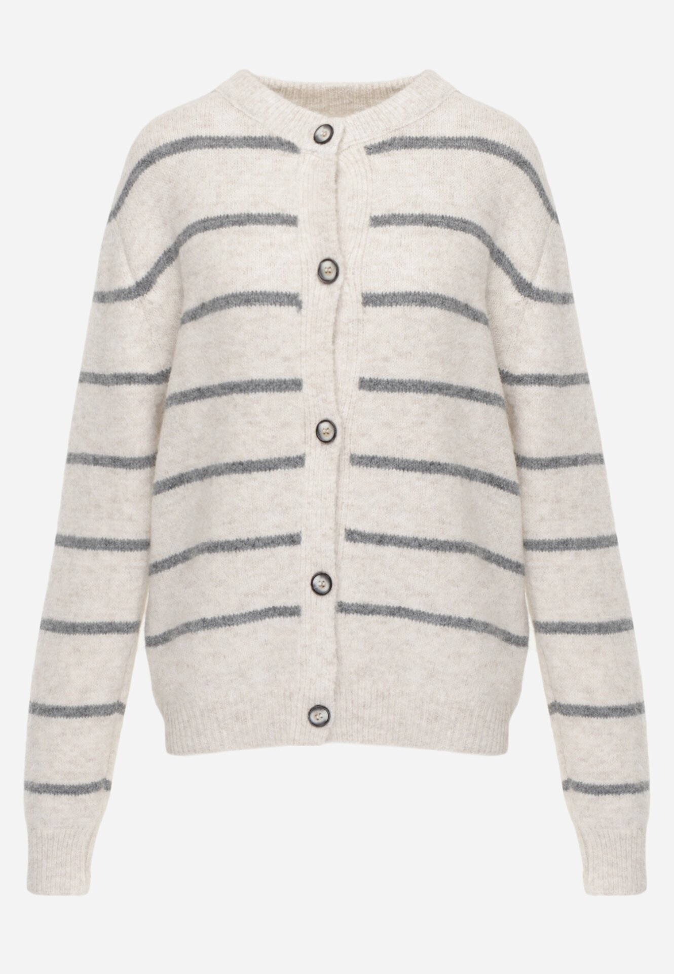 j&x Cardigan descheiat cu lână merinos și bumbac în dungi Kookti Bej deschis