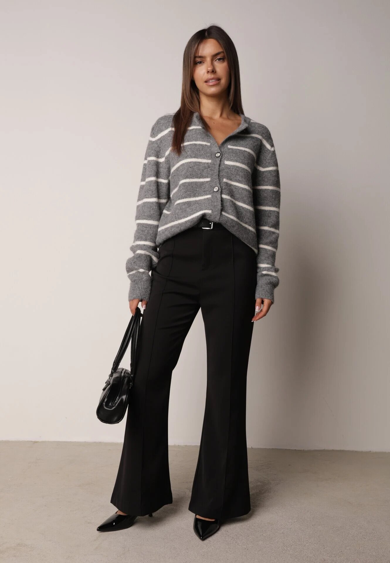 j&x Cardigan descheiat cu lână merinos și bumbac în dungi Kookti Gri