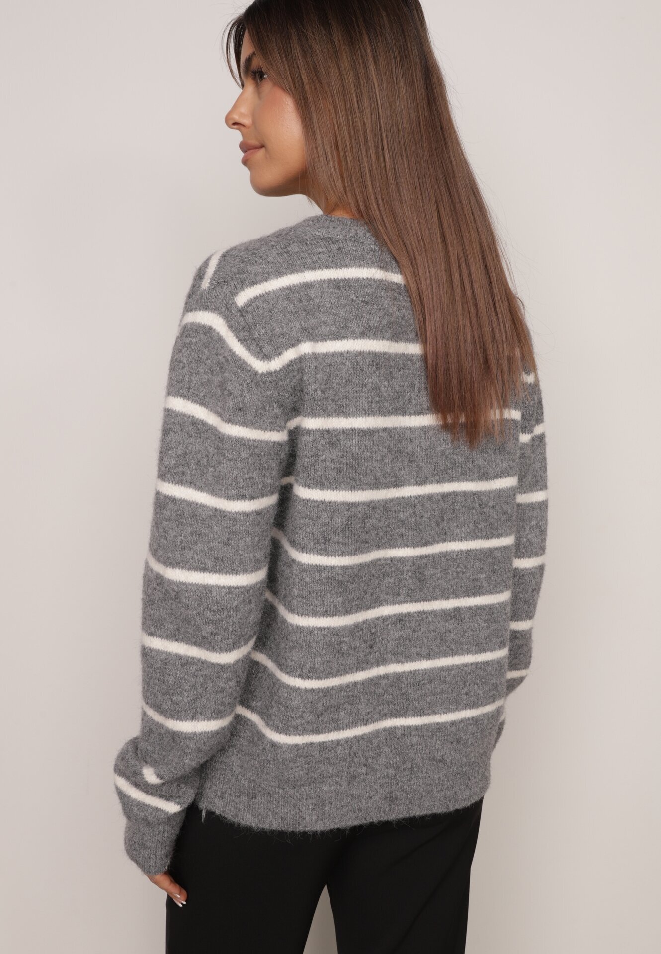 j&x Cardigan descheiat cu lână merinos și bumbac în dungi Kookti Gri