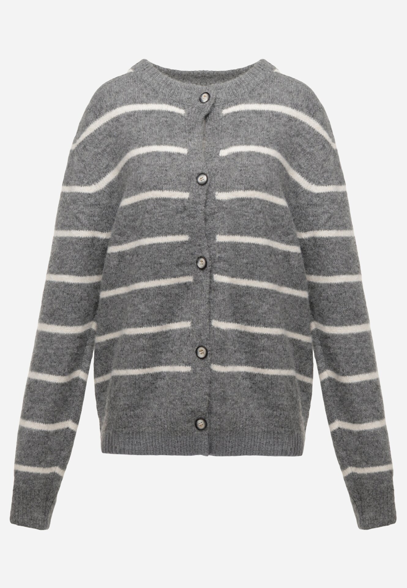 j&x Cardigan descheiat cu lână merinos și bumbac în dungi Kookti Gri
