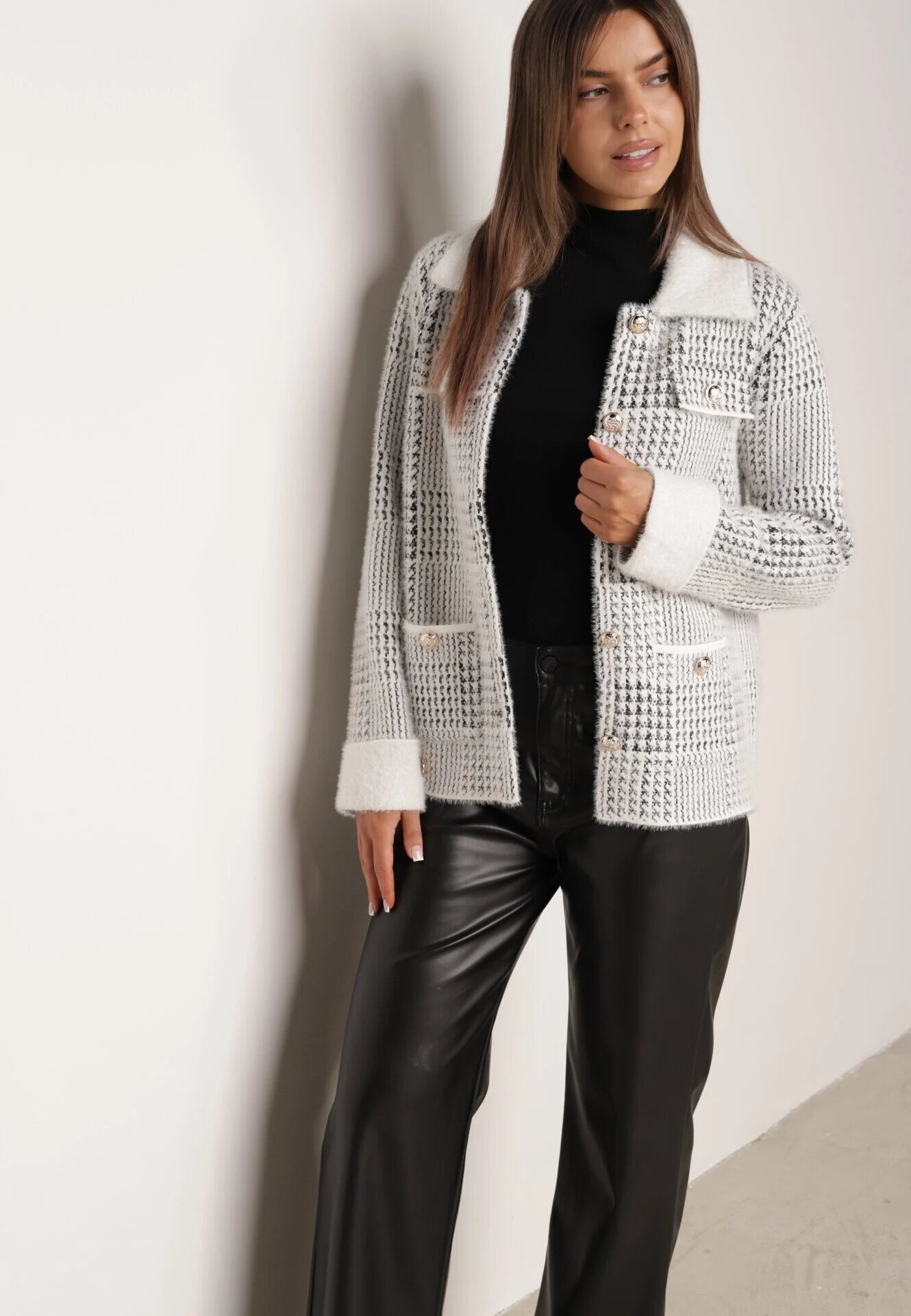 j&x Cardigan descheiat din lână cu model în carouri bouclé cu guler și manșete Azoria Alb