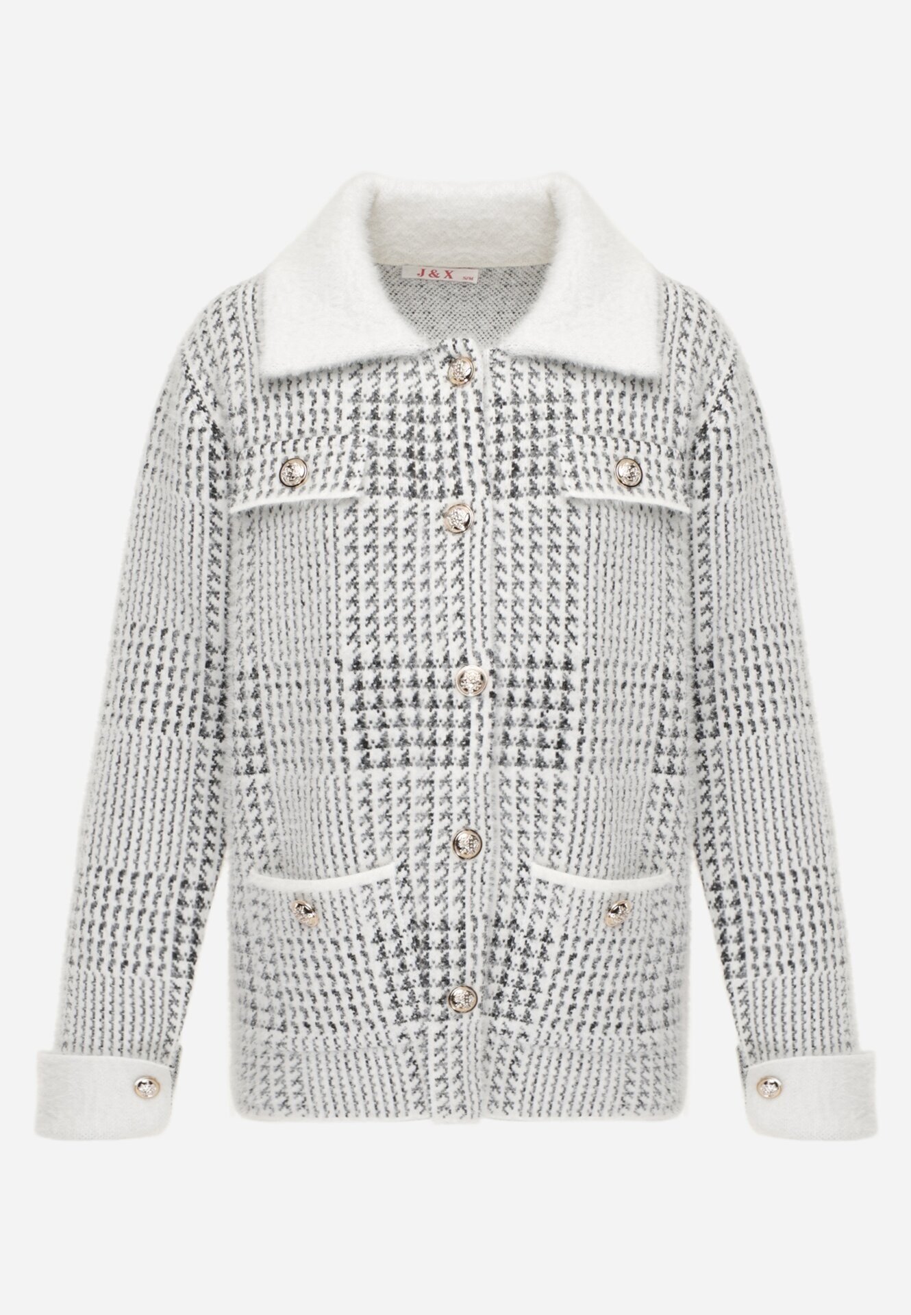 j&x Cardigan descheiat din lână cu model în carouri bouclé cu guler și manșete Azoria Alb
