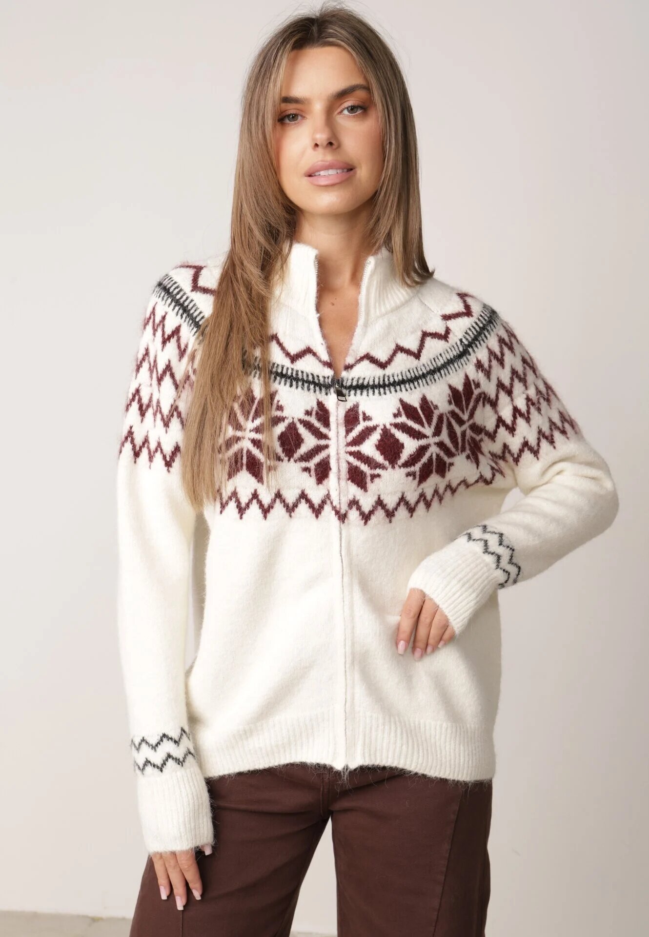 j&x Cardigan din lână bumbac și model norvegian Raegata Bej deschis