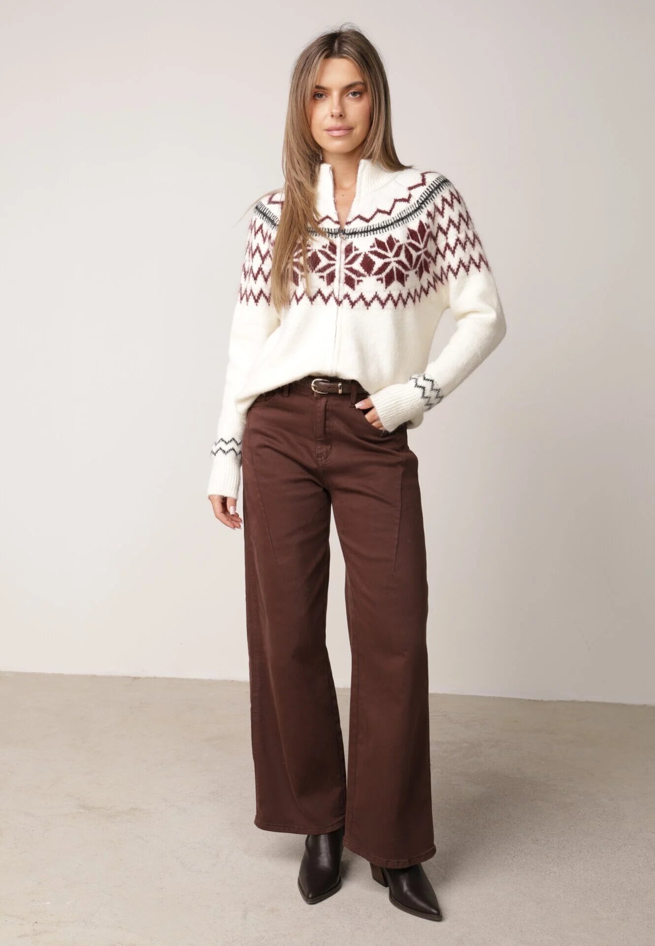 j&x Cardigan din lână bumbac și model norvegian Raegata Bej deschis