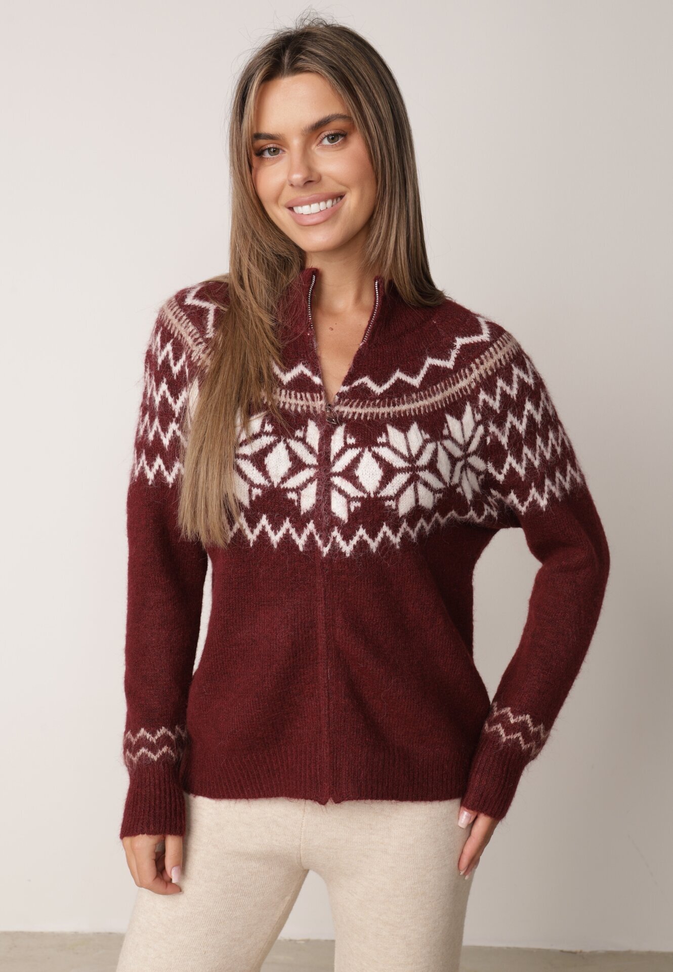 j&x Cardigan din lână bumbac și model norvegian Raegata Bordo