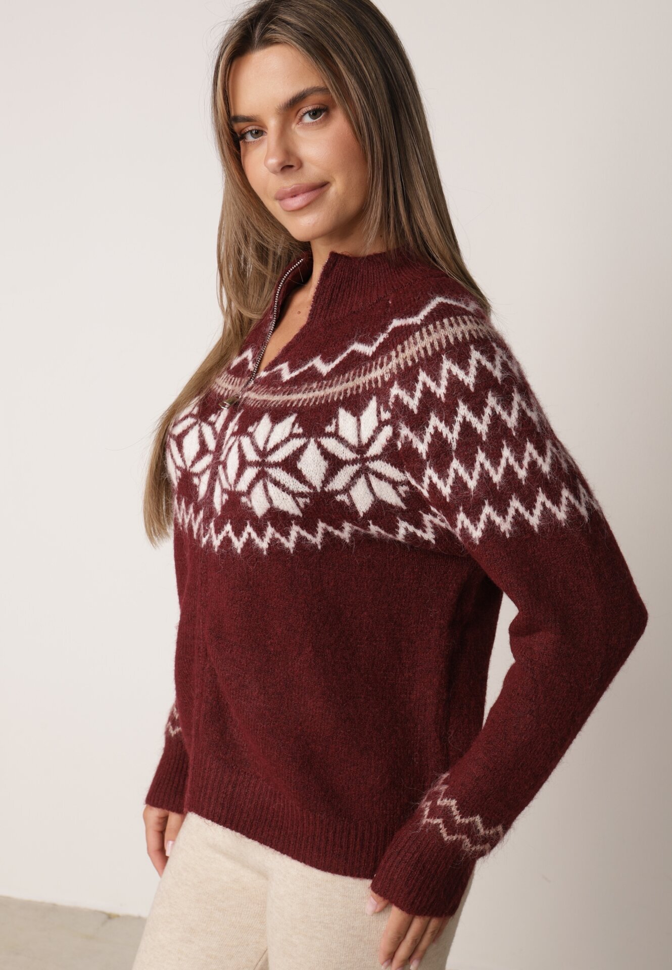 j&x Cardigan din lână bumbac și model norvegian Raegata Bordo