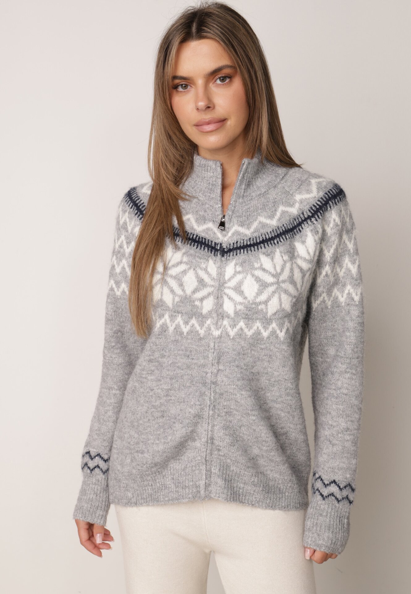 j&x Cardigan din lână bumbac și model norvegian Raegata Gri