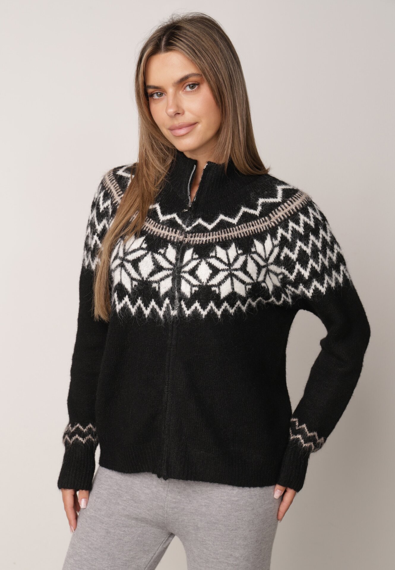 j&x Cardigan din lână bumbac și model norvegian Raegata Negru