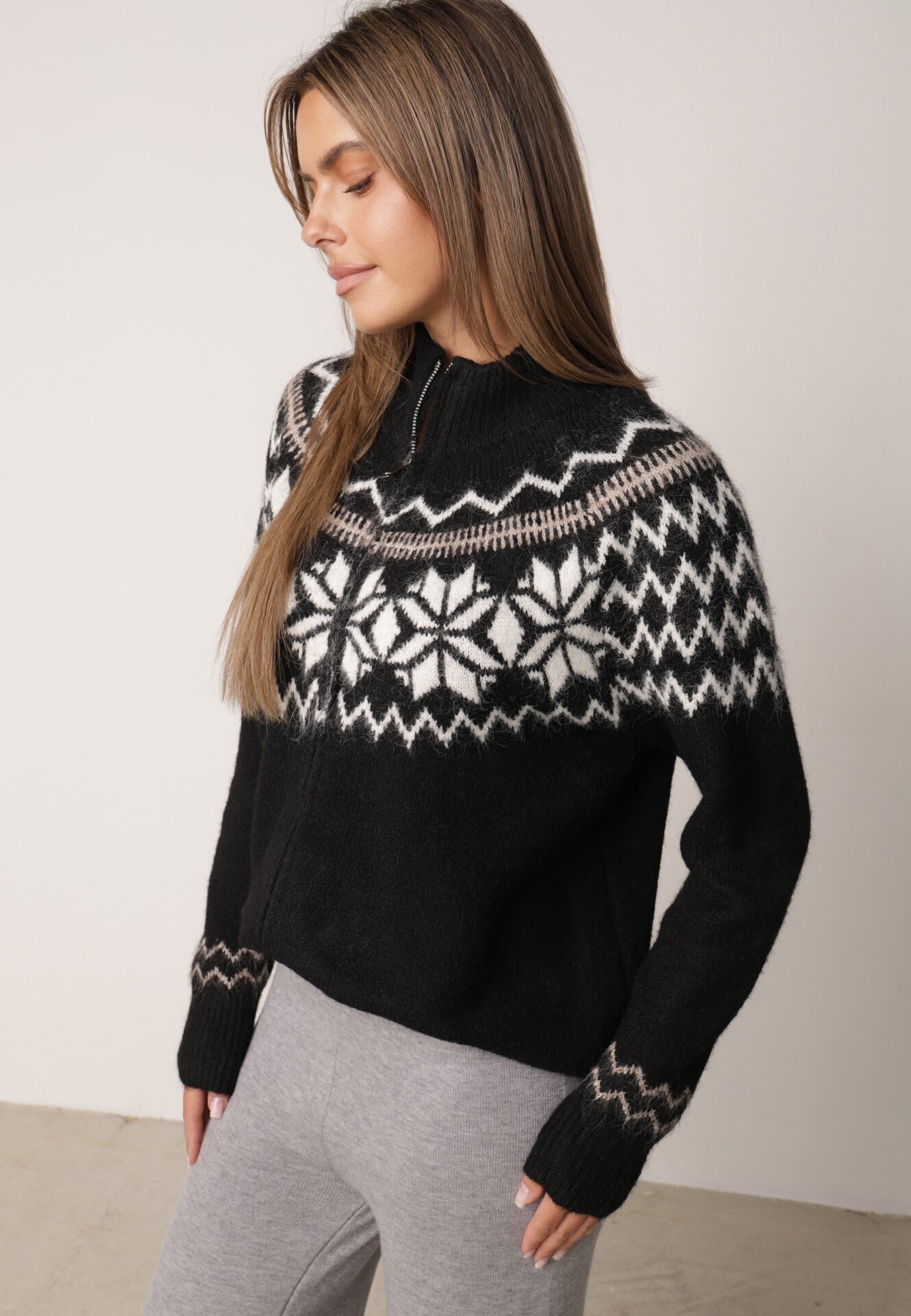 j&x Cardigan din lână bumbac și model norvegian Raegata Negru