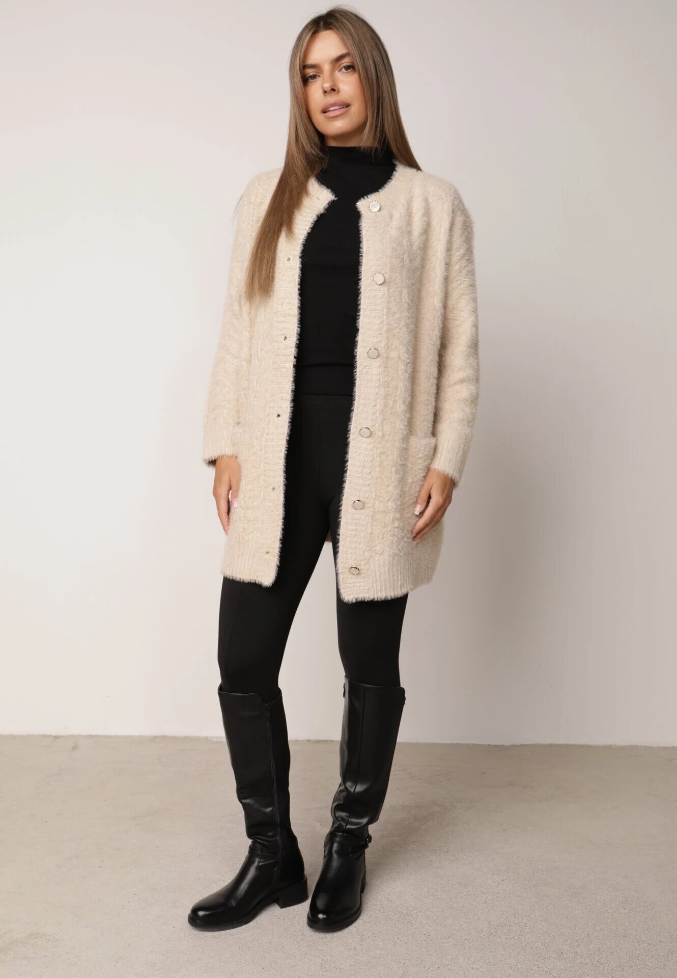 j&x Cardigan din lână croială lungă cu buzunare și nasturi decorativi Opejta Bej