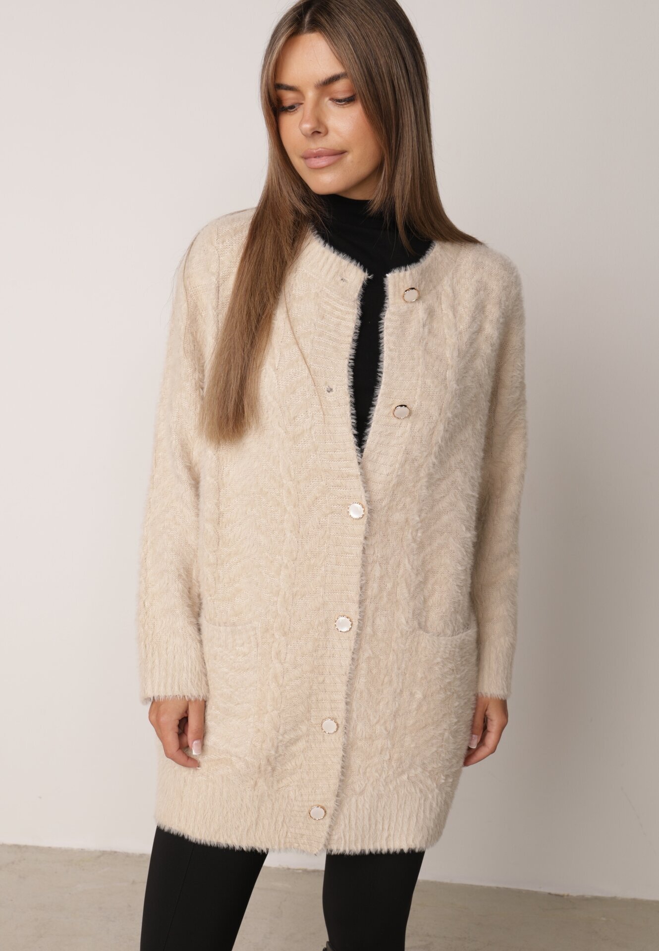 j&x Cardigan din lână croială lungă cu buzunare și nasturi decorativi Opejta Bej