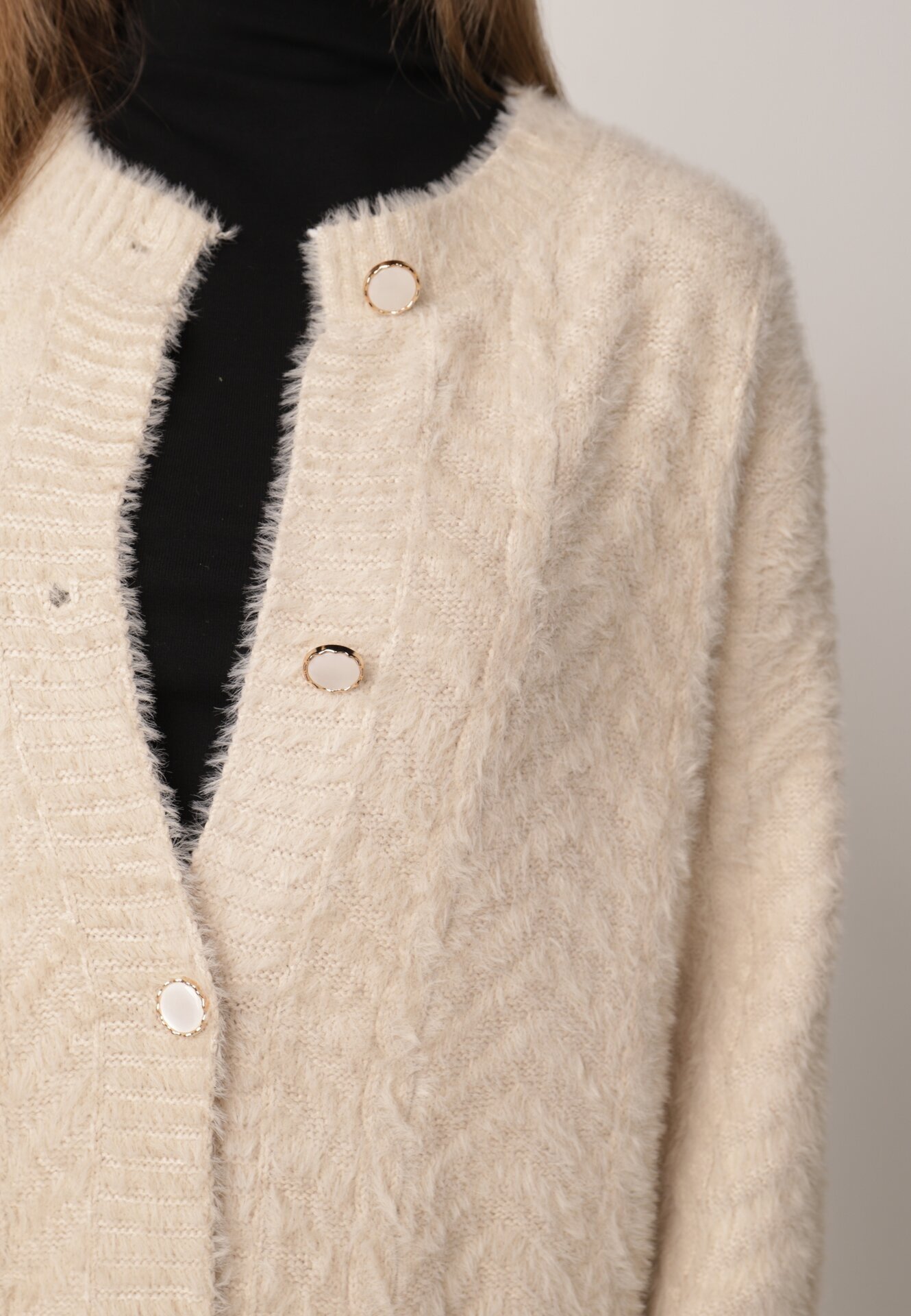 j&x Cardigan din lână croială lungă cu buzunare și nasturi decorativi Opejta Bej