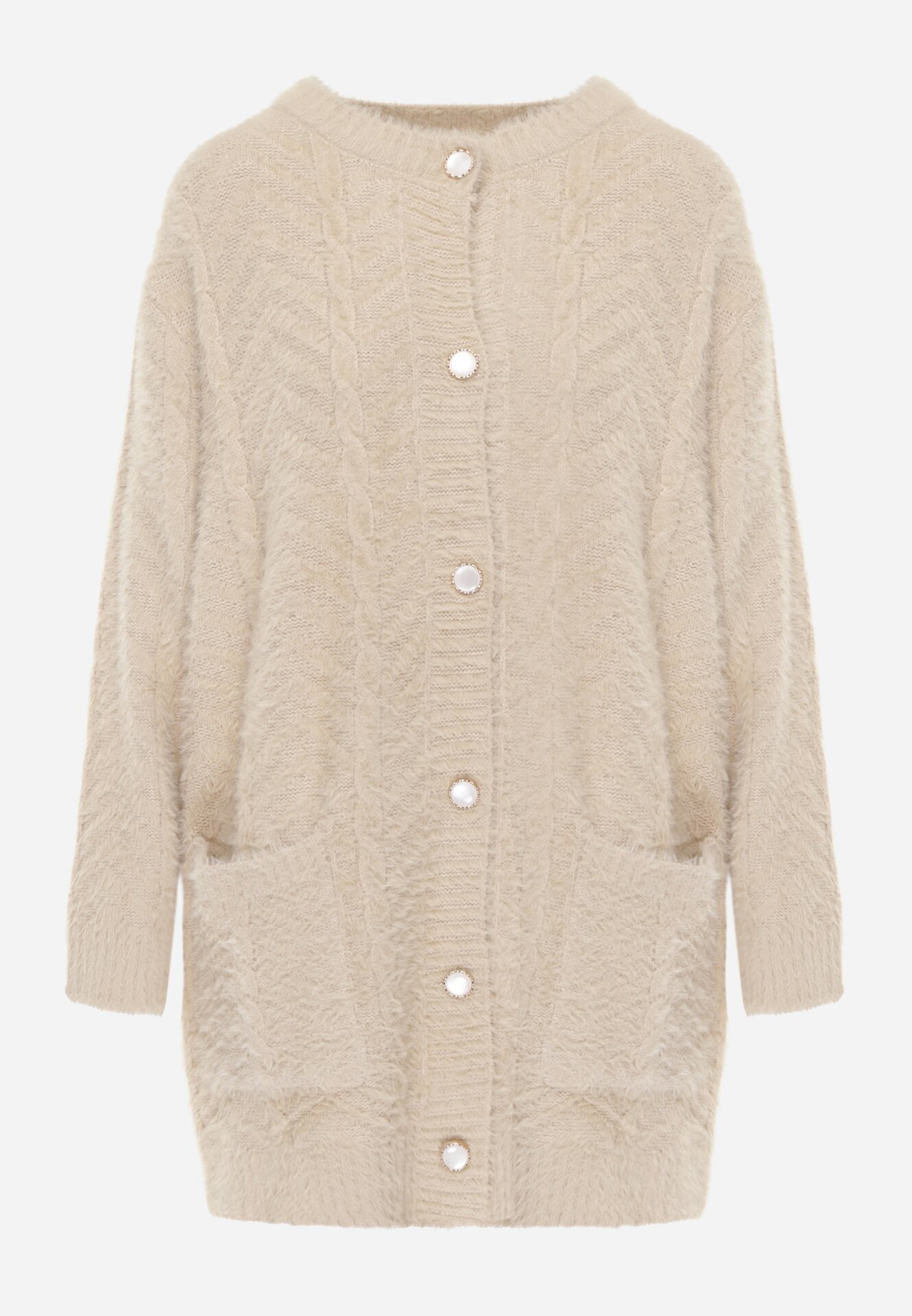 j&x Cardigan din lână croială lungă cu buzunare și nasturi decorativi Opejta Bej
