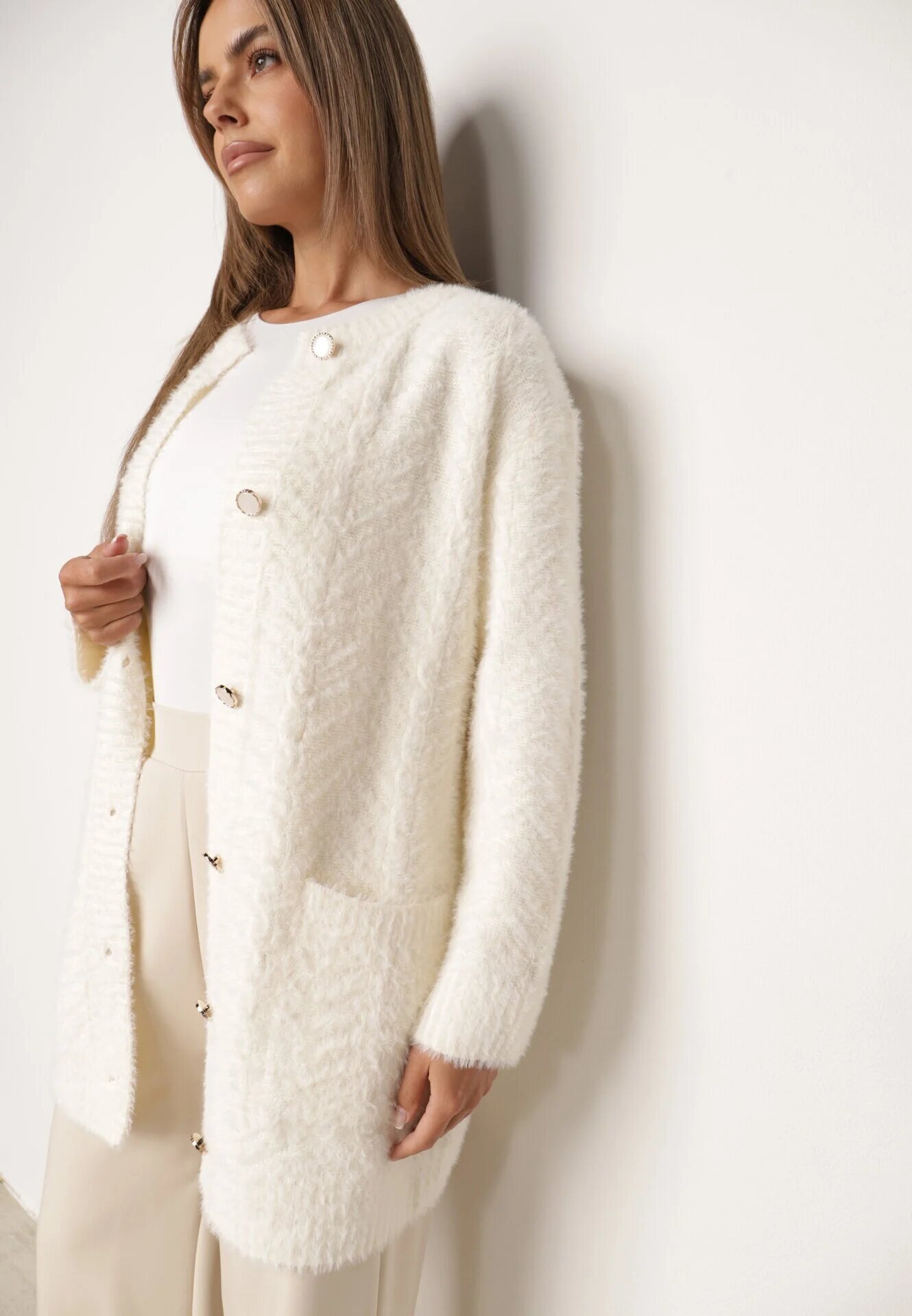 j&x Cardigan din lână croială lungă cu buzunare și nasturi decorativi Opejta Bej deschis