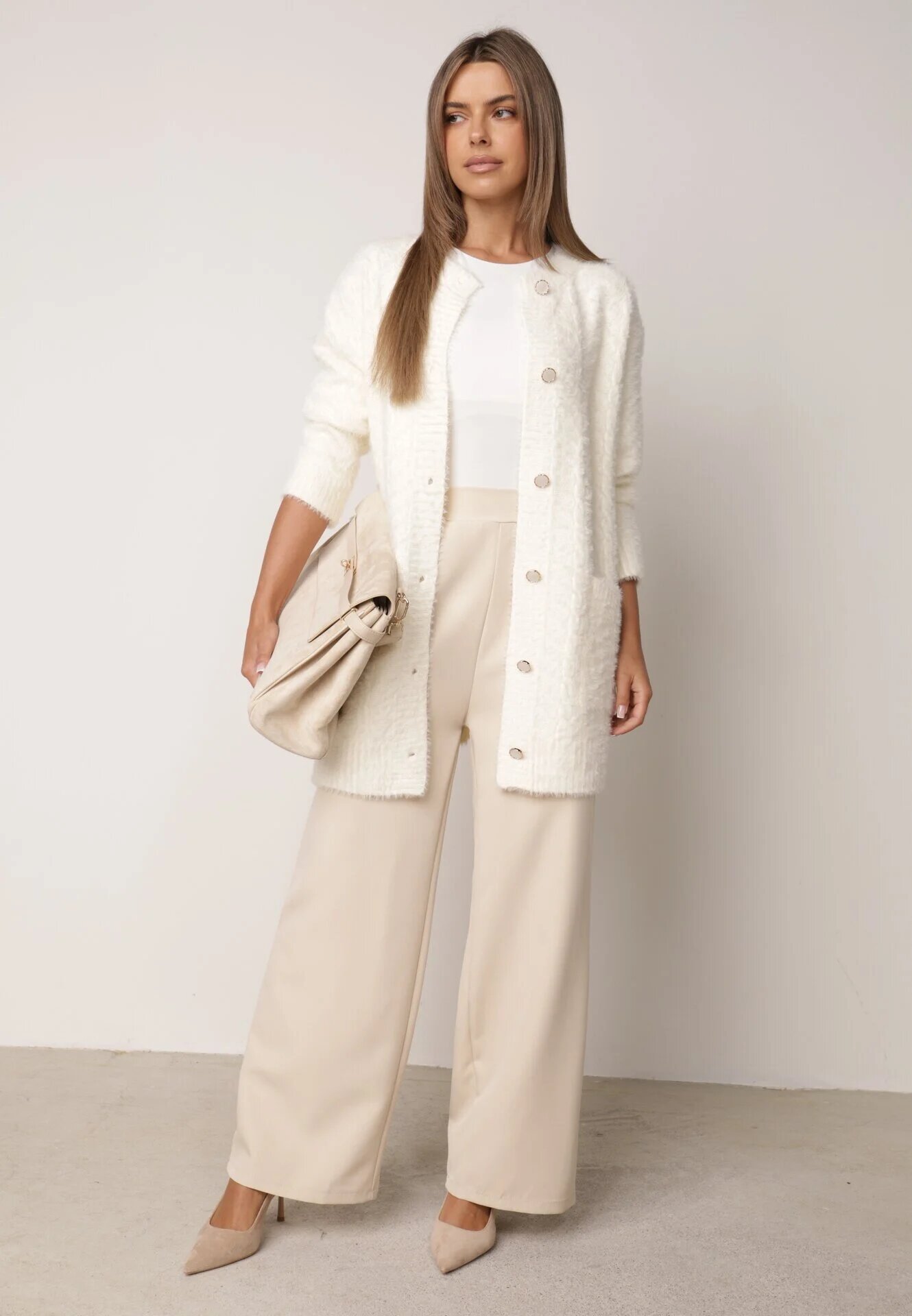 j&x Cardigan din lână croială lungă cu buzunare și nasturi decorativi Opejta Bej deschis