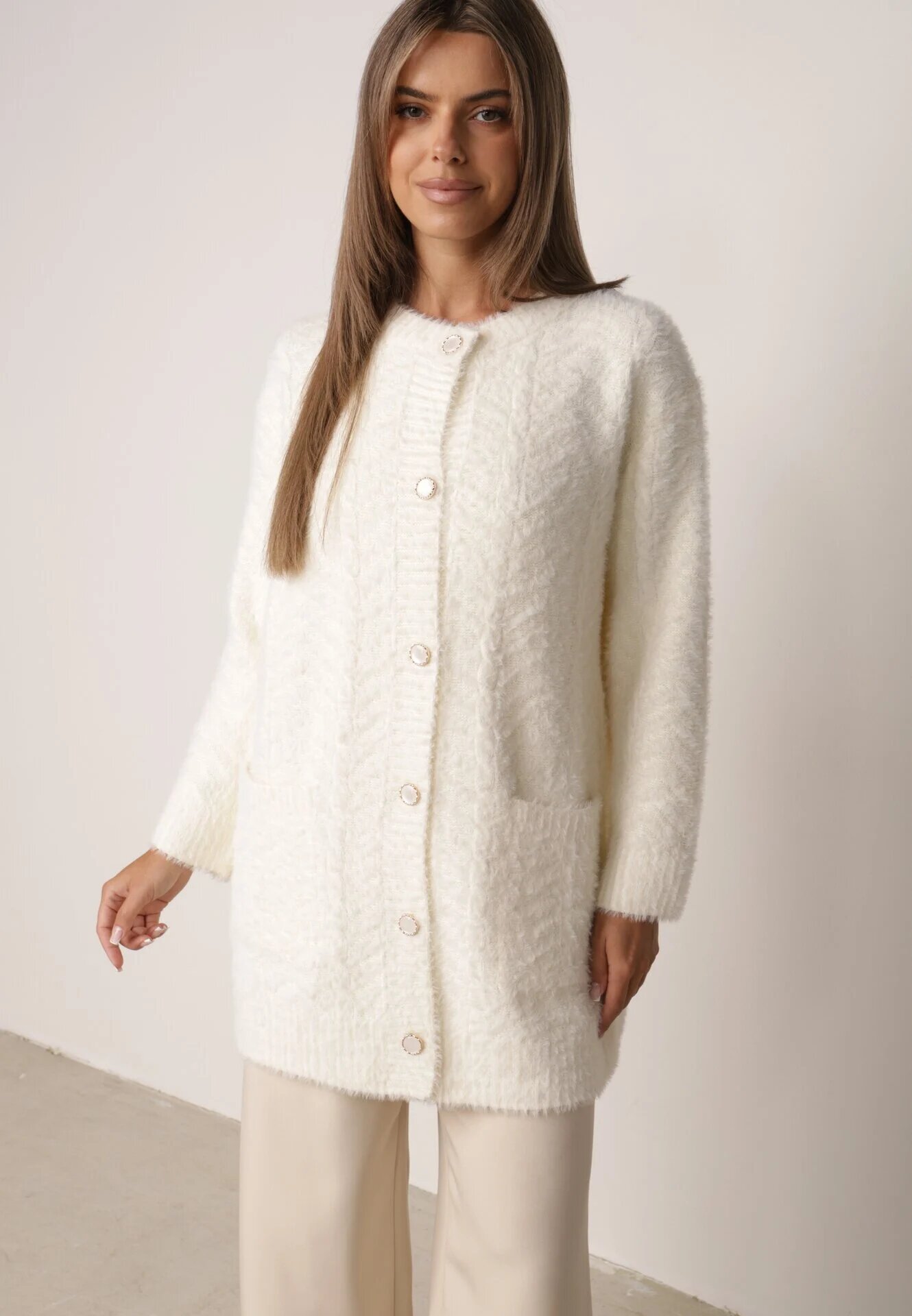 j&x Cardigan din lână croială lungă cu buzunare și nasturi decorativi Opejta Bej deschis
