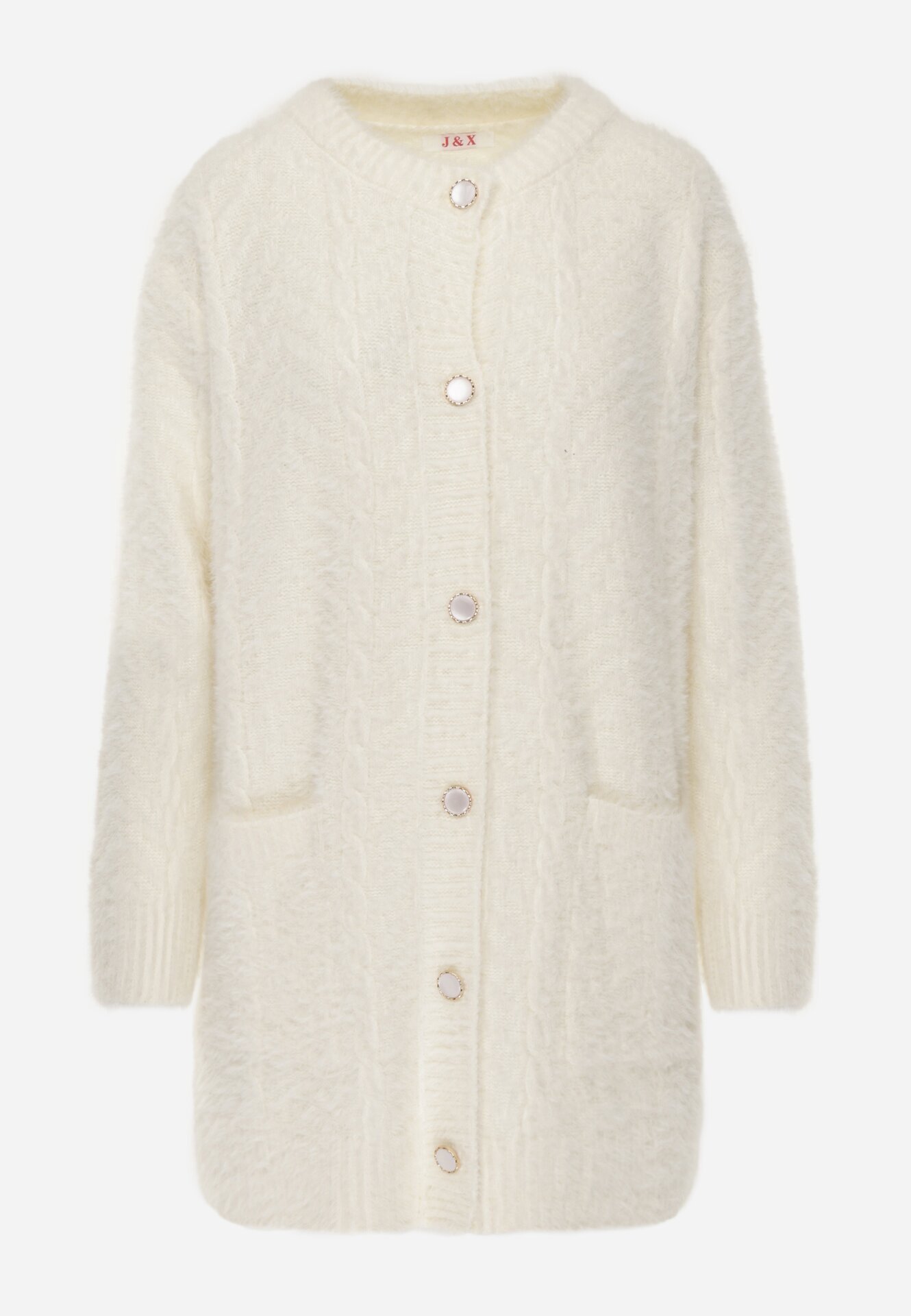 j&x Cardigan din lână croială lungă cu buzunare și nasturi decorativi Opejta Bej deschis