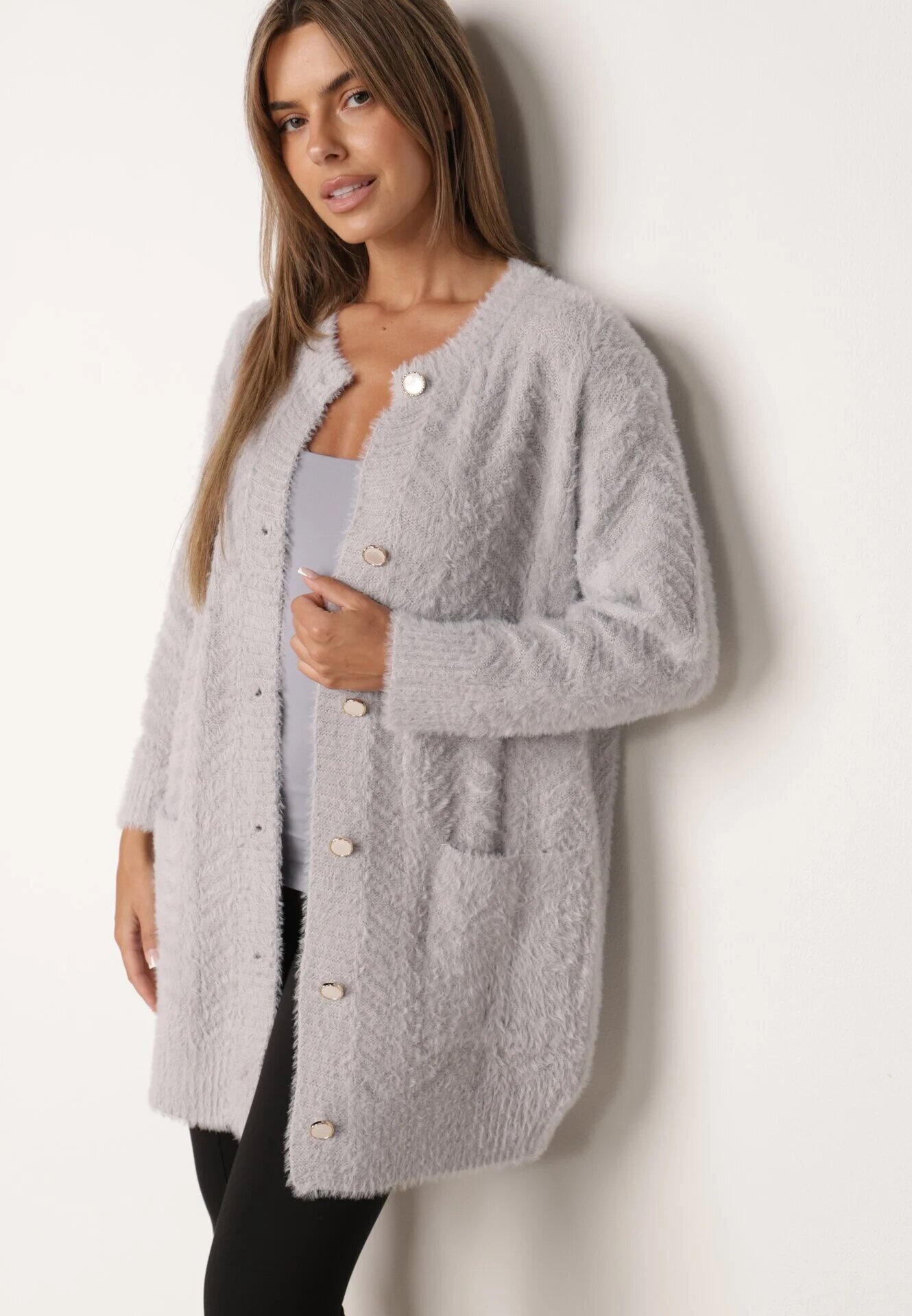 j&x Cardigan din lână croială lungă cu buzunare și nasturi decorativi Opejta Gri deschis