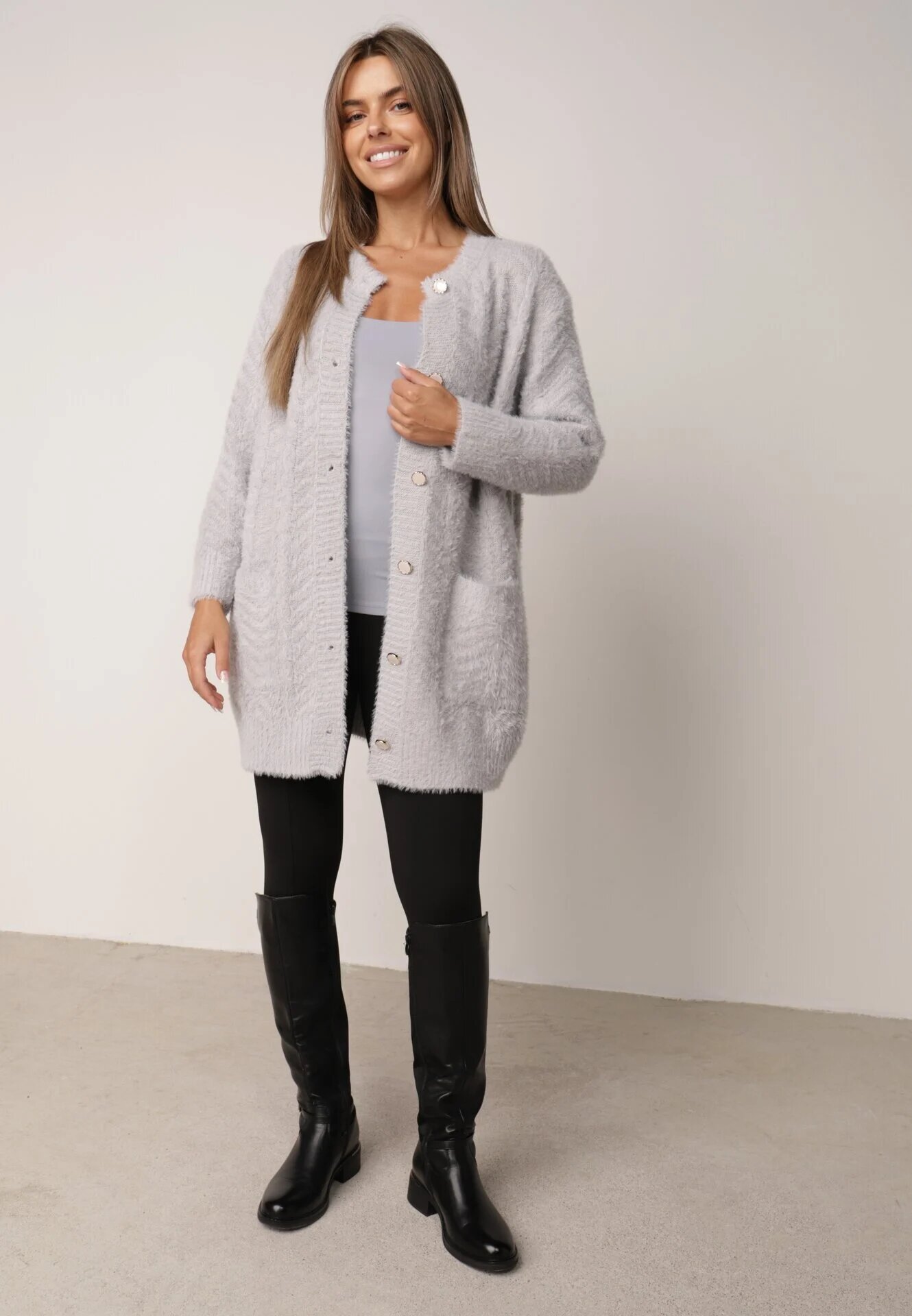 j&x Cardigan din lână croială lungă cu buzunare și nasturi decorativi Opejta Gri deschis