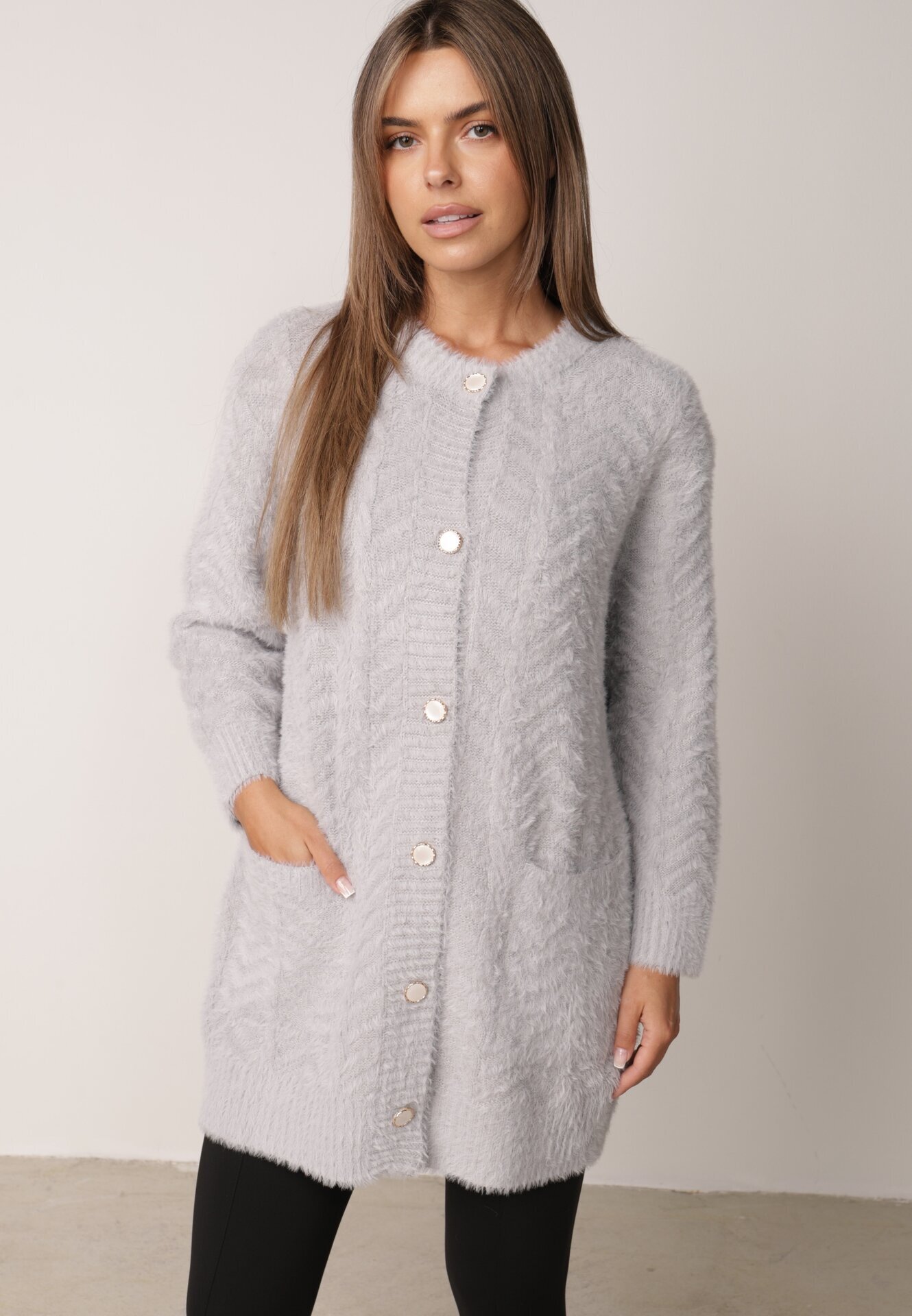 j&x Cardigan din lână croială lungă cu buzunare și nasturi decorativi Opejta Gri deschis