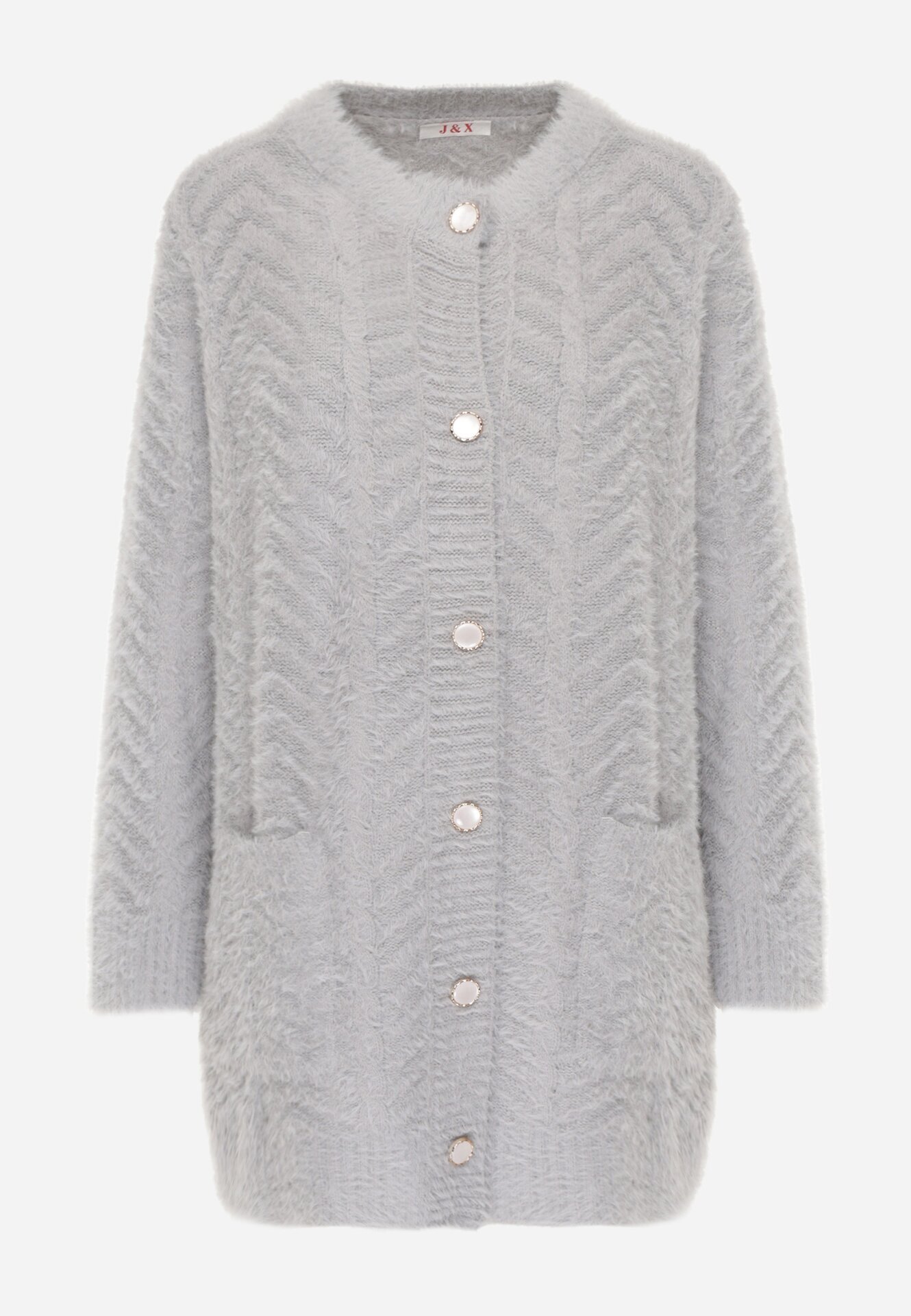 j&x Cardigan din lână croială lungă cu buzunare și nasturi decorativi Opejta Gri deschis