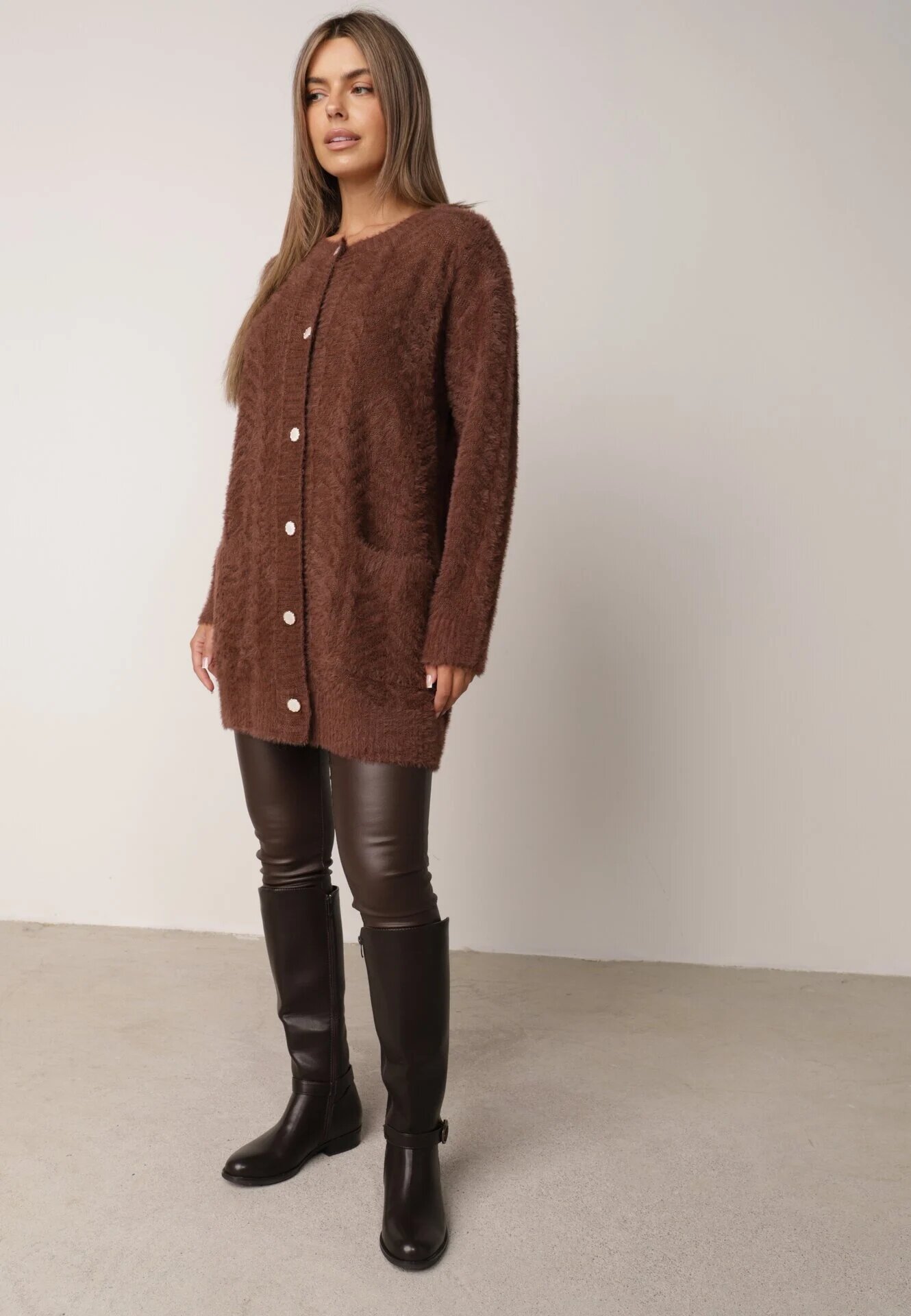 j&x Cardigan din lână croială lungă cu buzunare și nasturi decorativi Opejta Maro