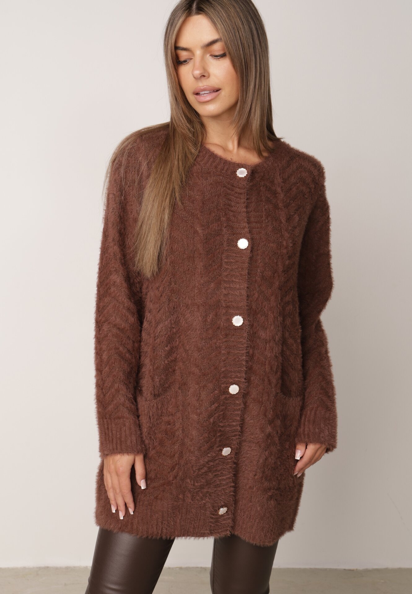 j&x Cardigan din lână croială lungă cu buzunare și nasturi decorativi Opejta Maro