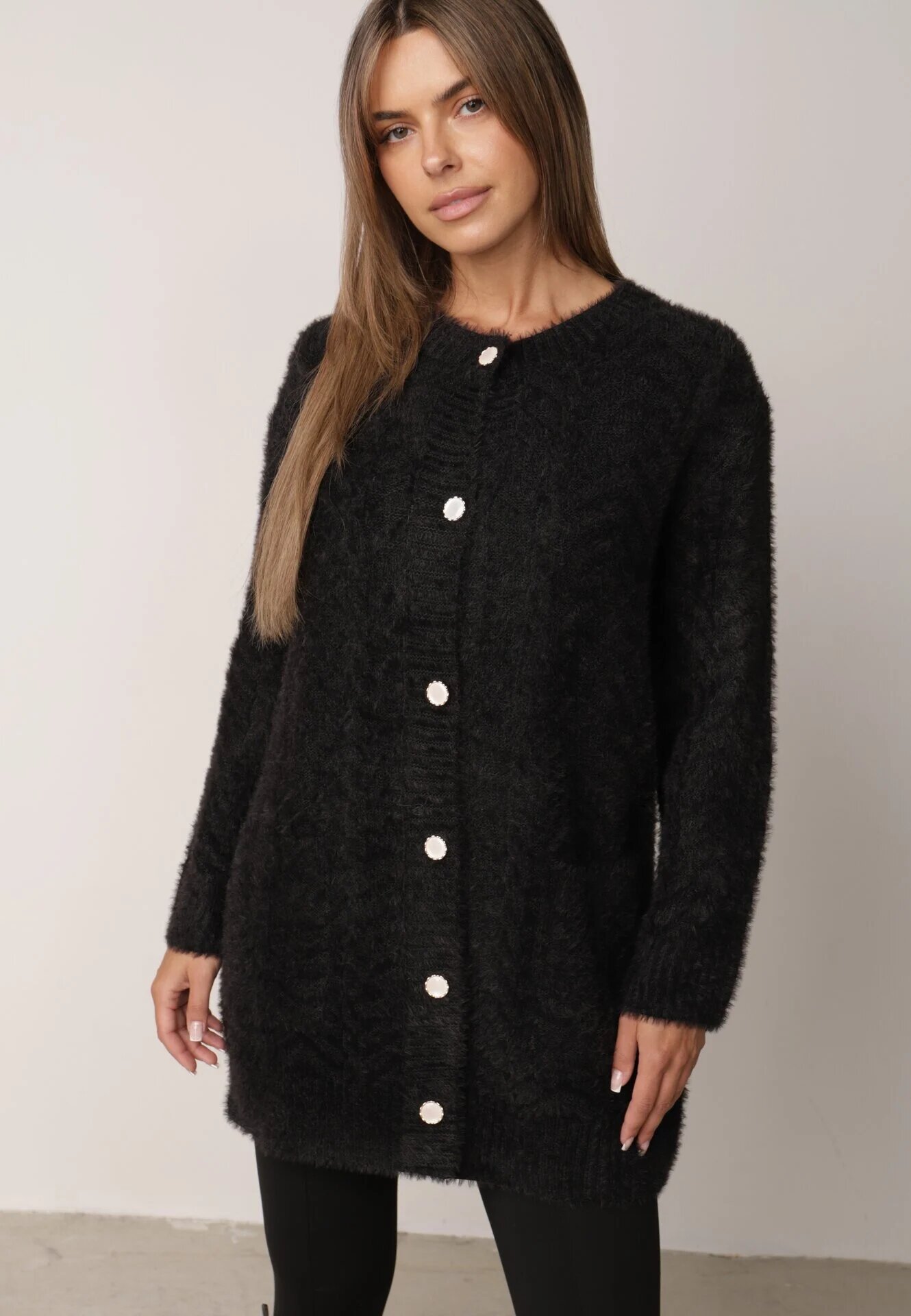 j&x Cardigan din lână croială lungă cu buzunare și nasturi decorativi Opejta Negru